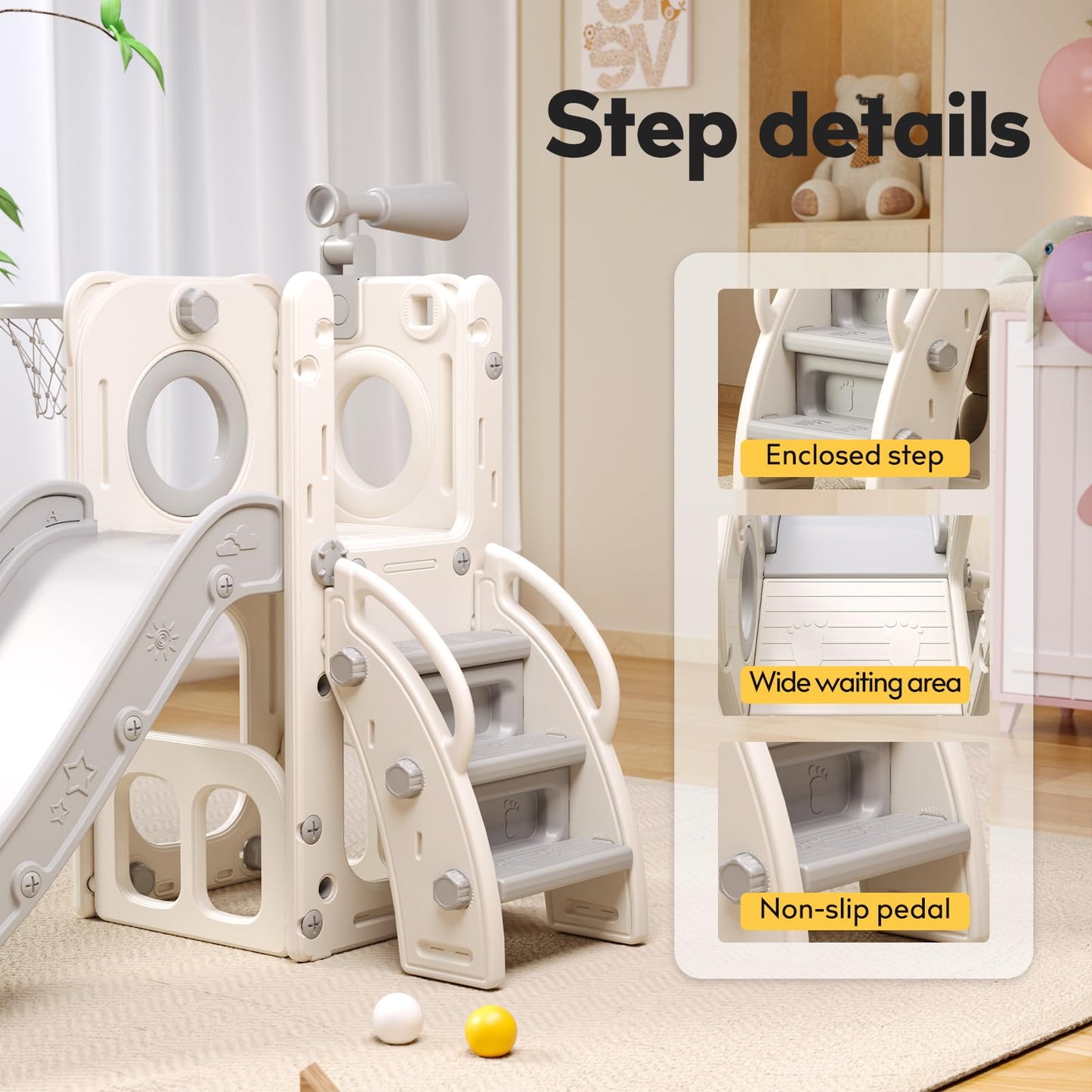 Baotree 6 in 1 Toddler Playset with Slide, Kids Slide with Basketball Hoop, Ball, Ring Toss, Indoor Outdoor Toys (White Grey)