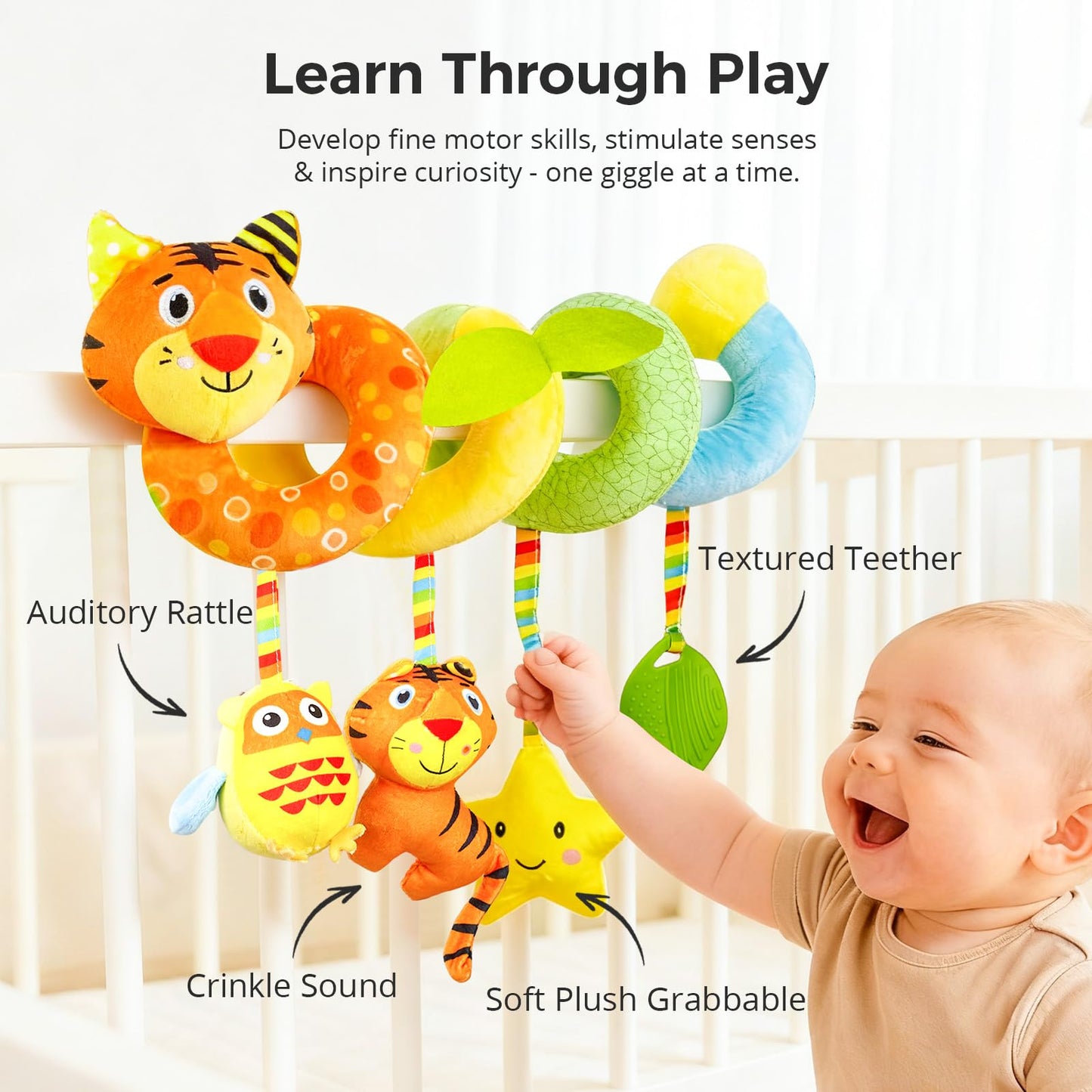 Carseat Toys Hanging for Babies 0-6-12 Months – Plush Spiral Car Seat Toys with Rattles, Crinkle & Teether – Stroller, Crib Hanging,for Baby Gym