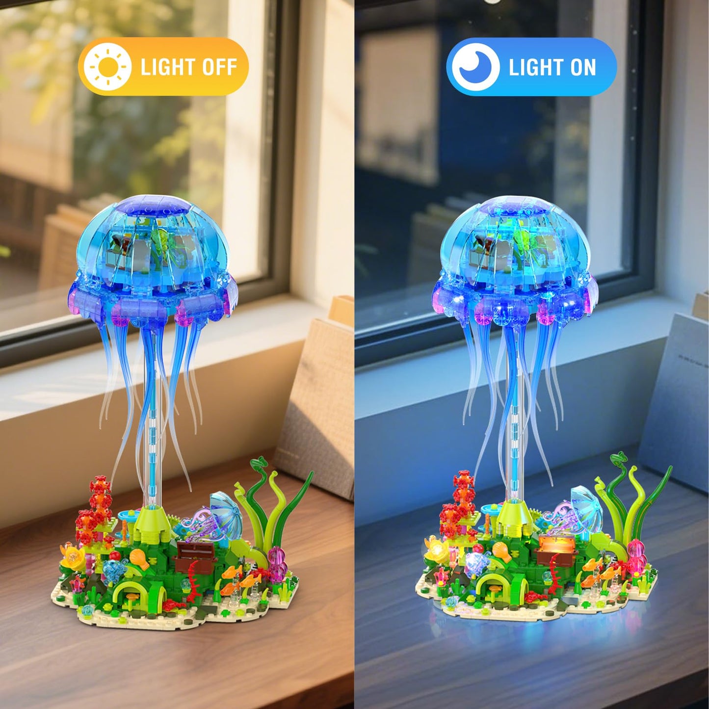 Brihappen Jellyfish Building Set with LED Lights, Floating Jellyfish Lamp for Home Decor, Ocean Animal Collection Model with Coral & Seaweed, Creative Display Gift for Adults, Teens 14+