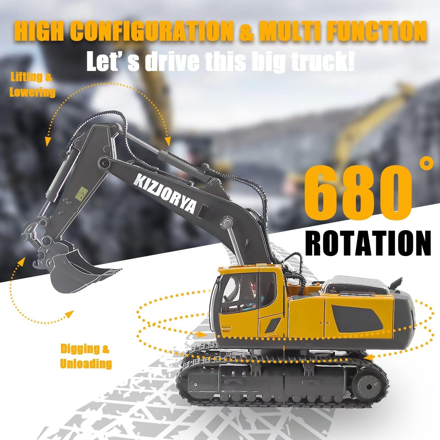KIZJORYA Remote Control Excavator, Toys for Boys Age 6-12, Rechargeable 11 CH RC Construction Vehicles Truck with Sound Light Metal Shovel, Birthday for Kids 7 8 9 10+ Year Old(2.4 GHz)