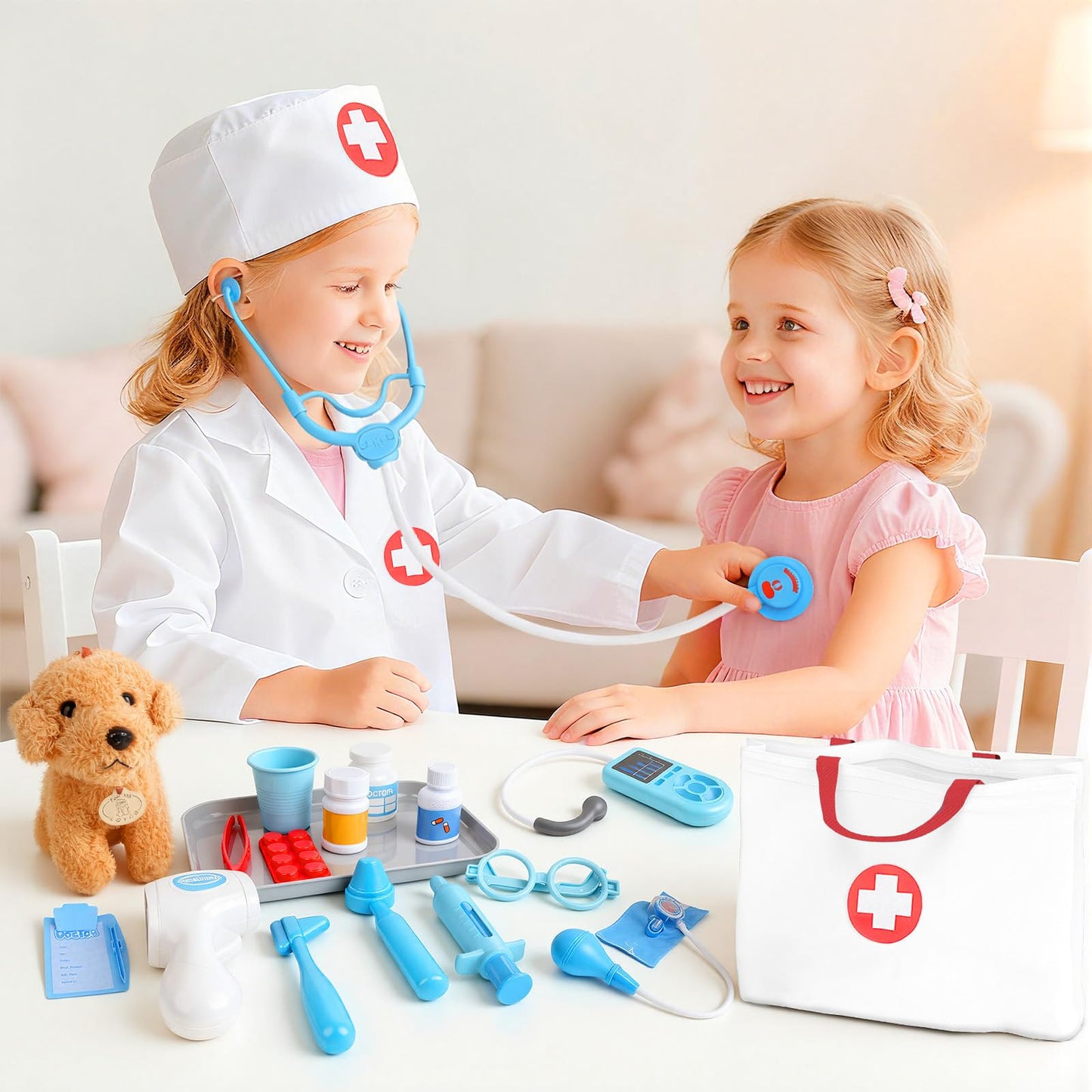 Doctor Kit for Toddlers 3-5 - Play Veterinarian Set Toys for 3 4 Year Old Boys Girls, Pretend Play Medical Kit with Dog, Bag, Costume, Stethoscope, Birthday Gifts for Kids