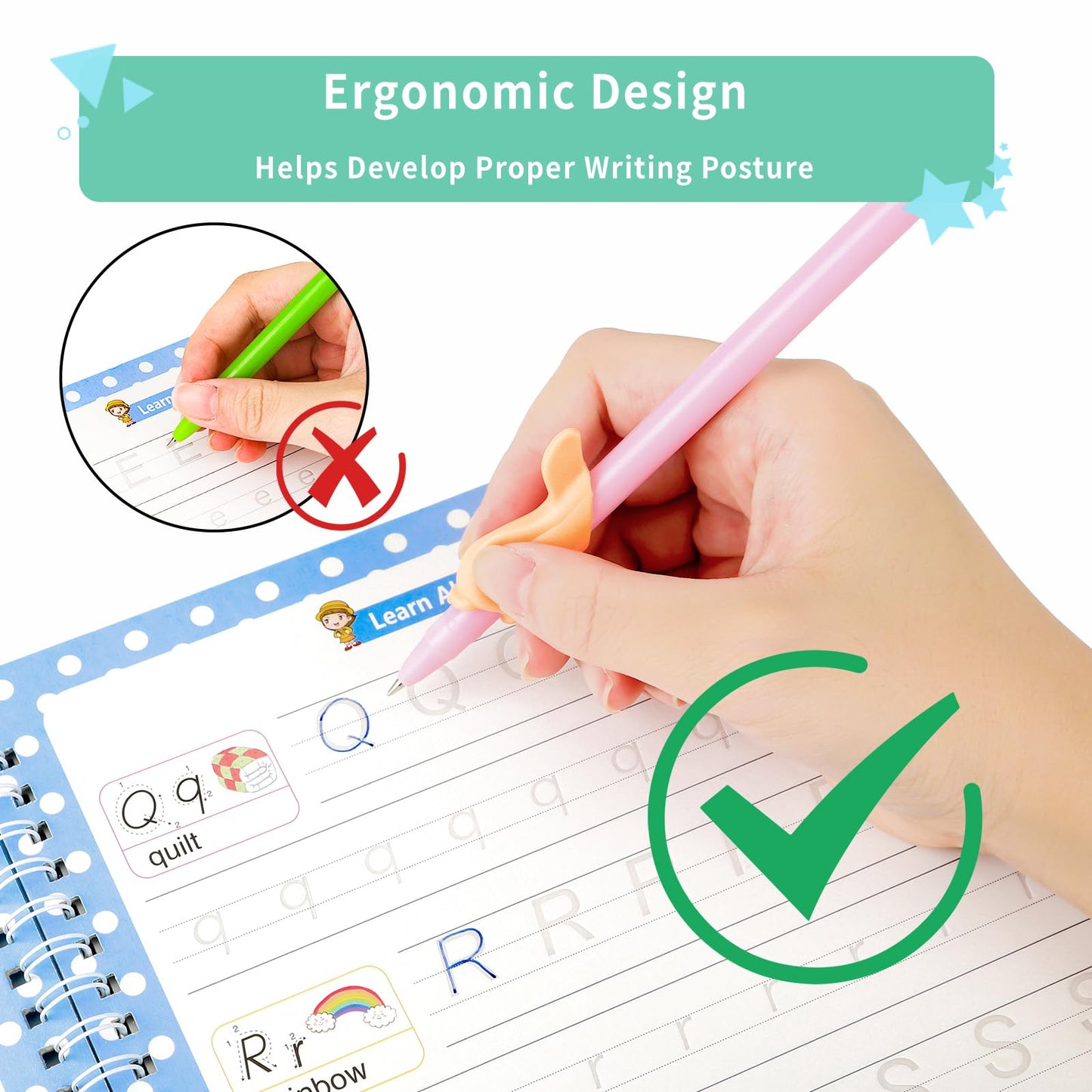 PracticeJQDEN Large Reusable Grooved Handwriting Practice Workbooks for Kids Ages 3-8 Magic Disappearing Ink & 3D Groove Preschool Kindergarten Children Writing Books 5-Book Set with Pen Grips