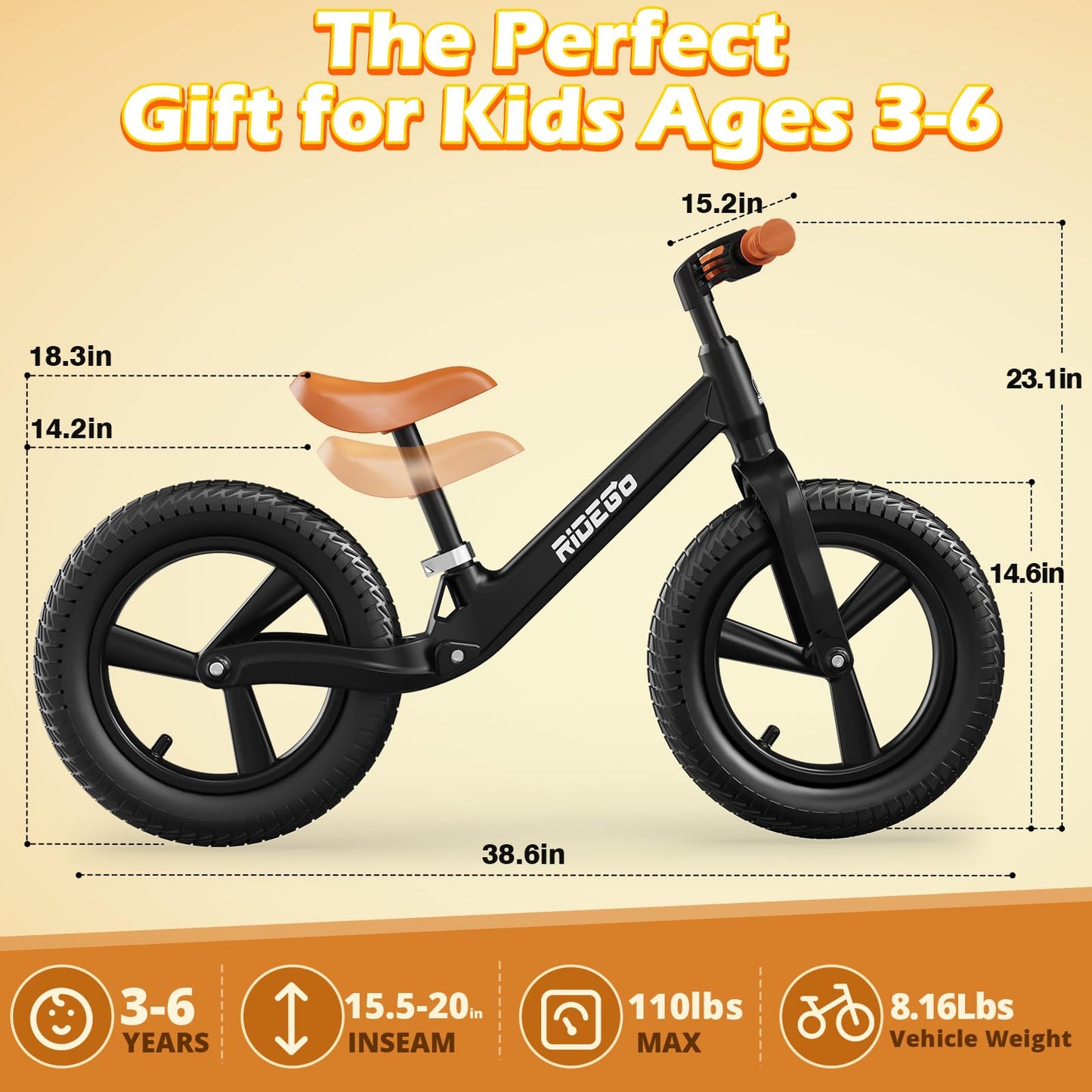 Ridego 14 Inch Balance Bike for Kids 3-6 Year Old,Lightweight Kids Bike with Adjustable Seat, Push Bicycle with Air Rubber Tires，Ride-on Toys Birthday Gift