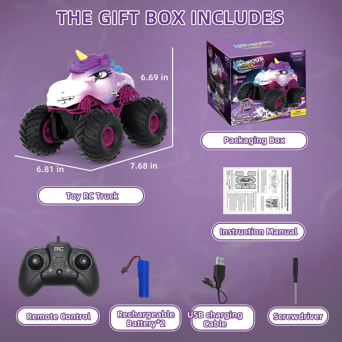 Unicorn RC Car, Pink Remote Control Car for Girls, 1:18 Amphibious Waterproof Monster Truck Unicorn Toys 2.4 GHZ Remote Control 360 ° Rotation Stunt Car, Gifts for Girls 6 + Years Old on Birthday