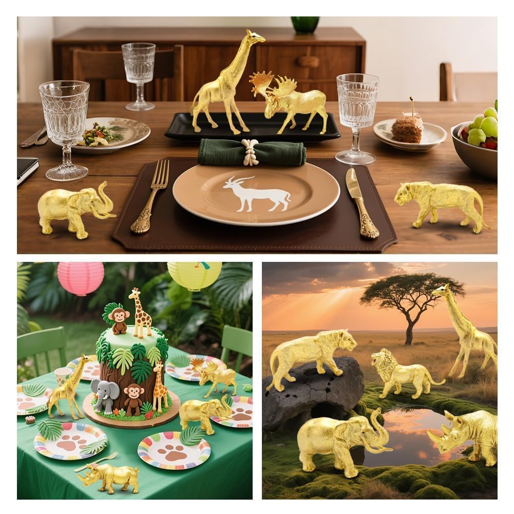 Metallic Gold Plastic Animal Figurines Toys, 12PCS Golden Safari Zoo Animal Figures, Jungle Wild Animals for Baby Shower Decor, Safari Themed Birthday Party, Christmas Decoration Gifts