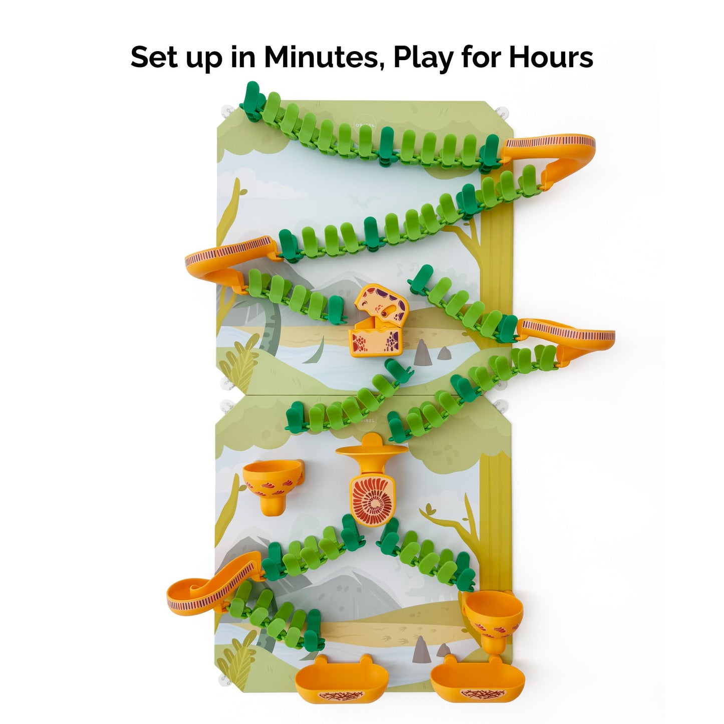 Oribel VertiPlay Magnetic Marble Run | 100 pcs STEM Toy, Dino Quest Edition | 2 Magnetic Play Boards | Wall Toy for Kids Age 5+ | Magnetic Track-Building Set | Dinosaur-Themed Stick-On Playboard