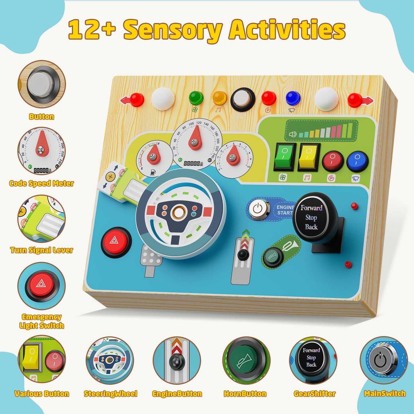 Busy Board With Led Light - Montessori Busy Board Wooden Sensory Toys for Toddlers 1 2 3 Years Old, Educational Baby Fidget Boards Toy, Creative Birthday Christmas Gifts for 1-3 2-3 3-4 Year Old Boys