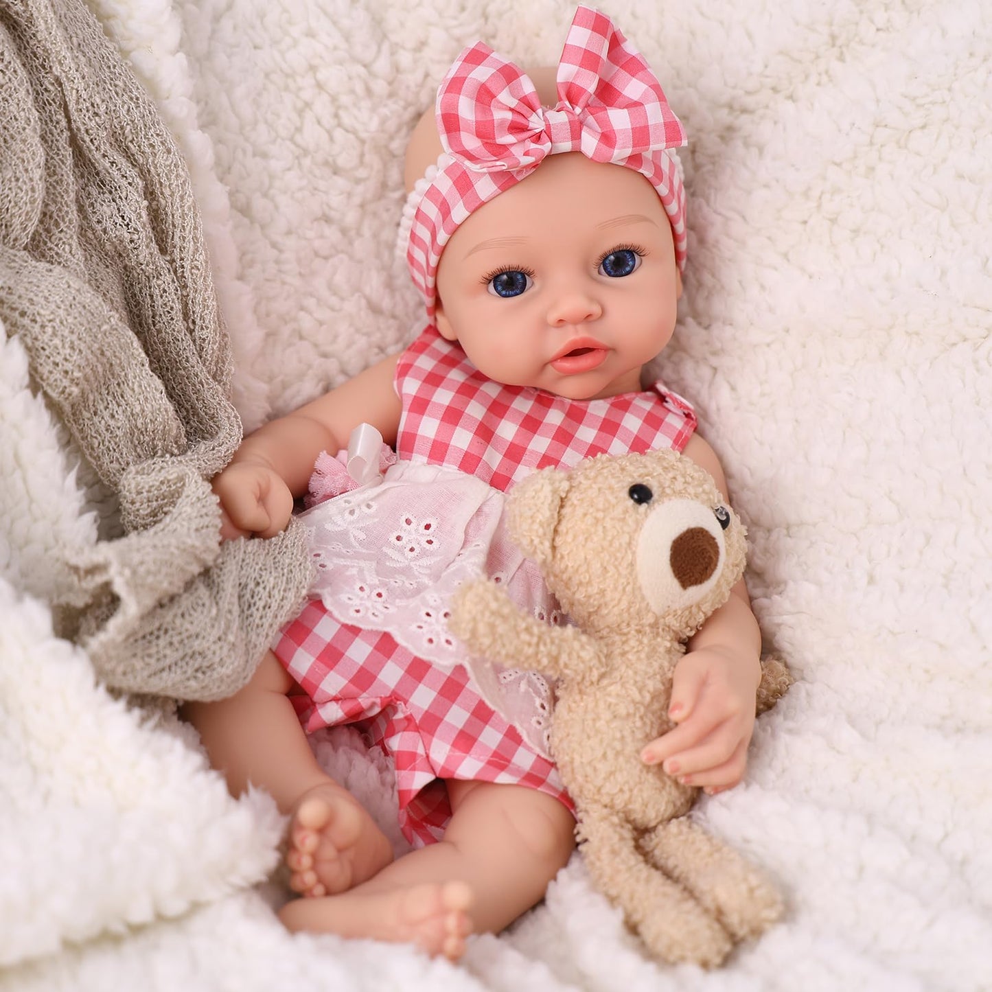 BABESIDE 16 Inch Silicone Baby Doll Realistic Newborn Girl Reborn Doll with Pink Gingham Outfit, Full Body Platinum Silicone Lifelike Baby Gift for Kids 3+ & Collectors