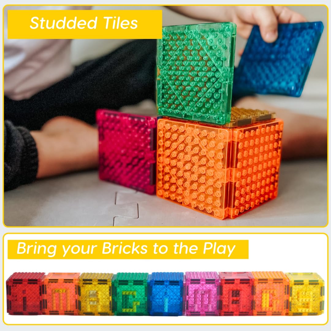 Imagimags Studded Magnetic Tiles Construction Set – Building Brick Compatible Expansion Pack (18 Pieces) – Connects Magnetic Tiles to Small Building Bricks – Kids 5+
