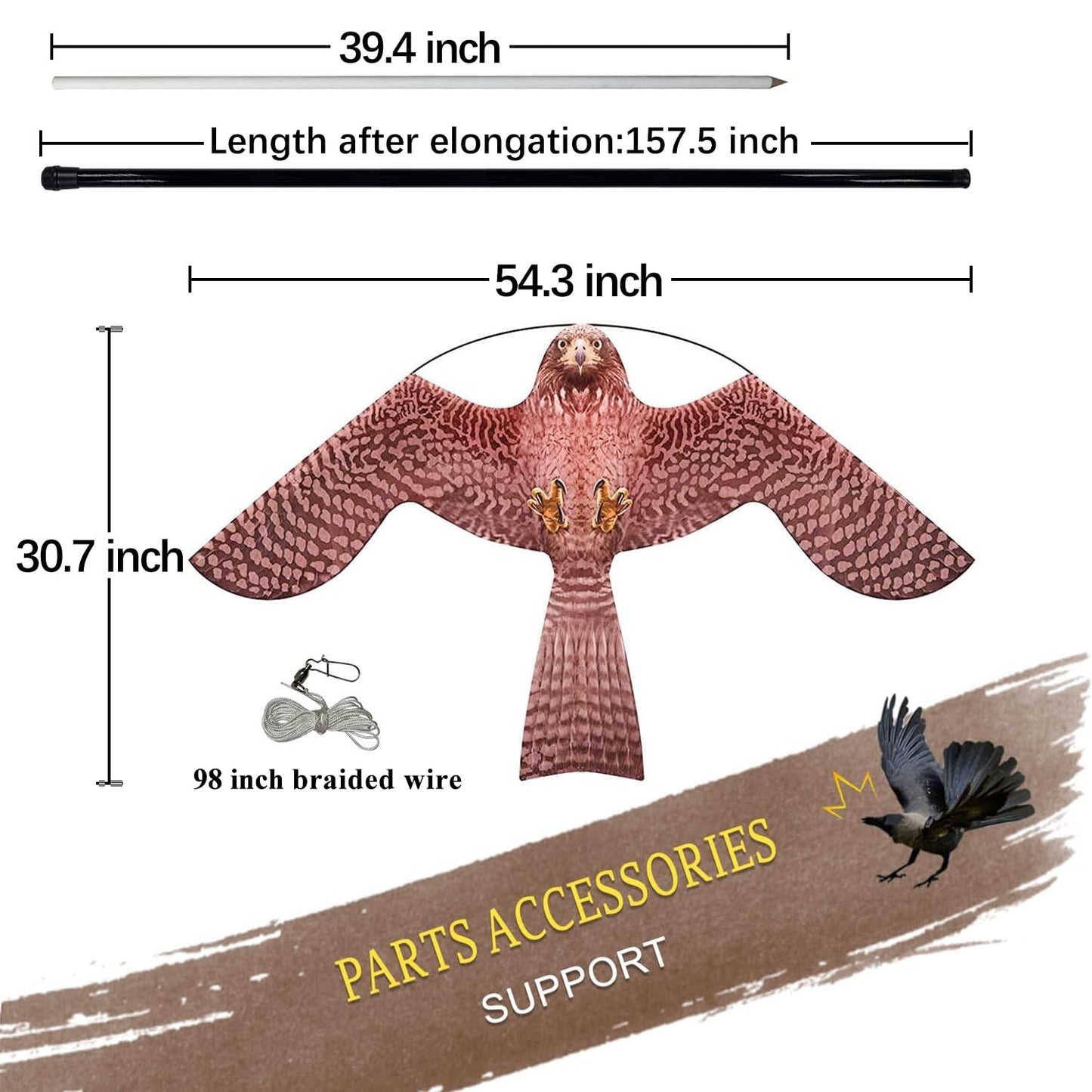 Flerigh Bird Hawk Flying Kite with Pole Crops Farm Protector Bird Scarer Flying Kite with 4m Pole-Style A