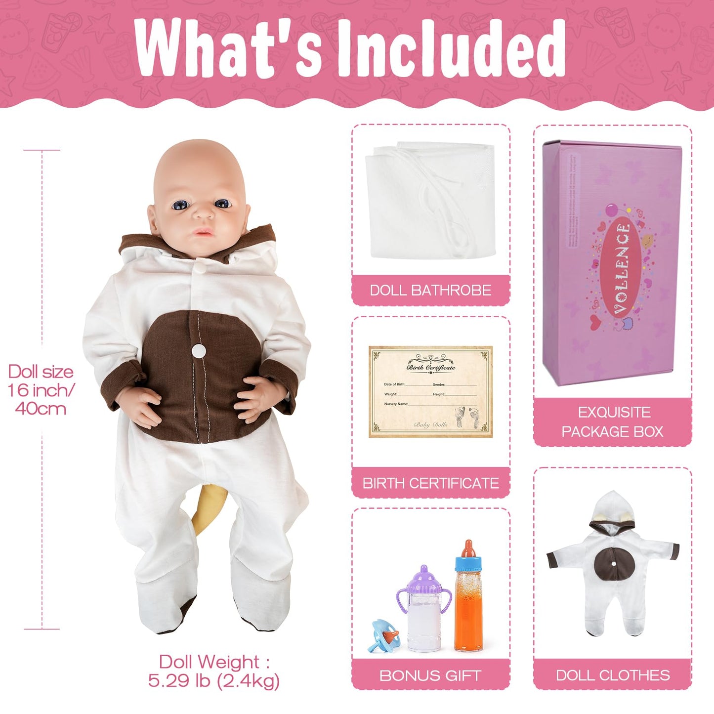 Vollence 16 inch Reborn Baby Doll Girl Silicone Doll Realistic Newborn Baby Dolls with Feeding Accessories & Gift Box for Kids - Girl