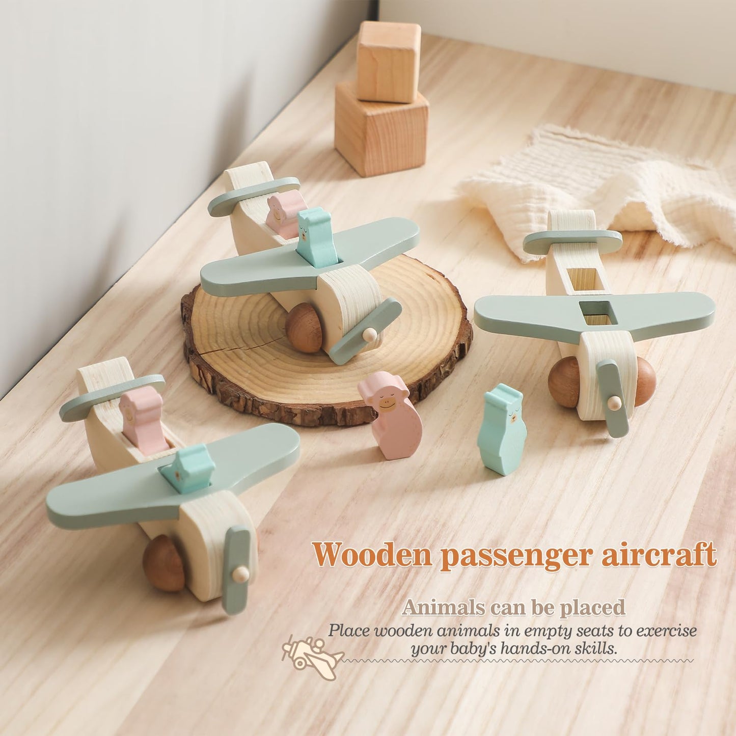 ibwaae Wooden Airplane Toys, Air Transport Vehicles Play Set, Wooden Pull Games, Learning Gift Montessori Toy for Baby Toddler Boys Girls