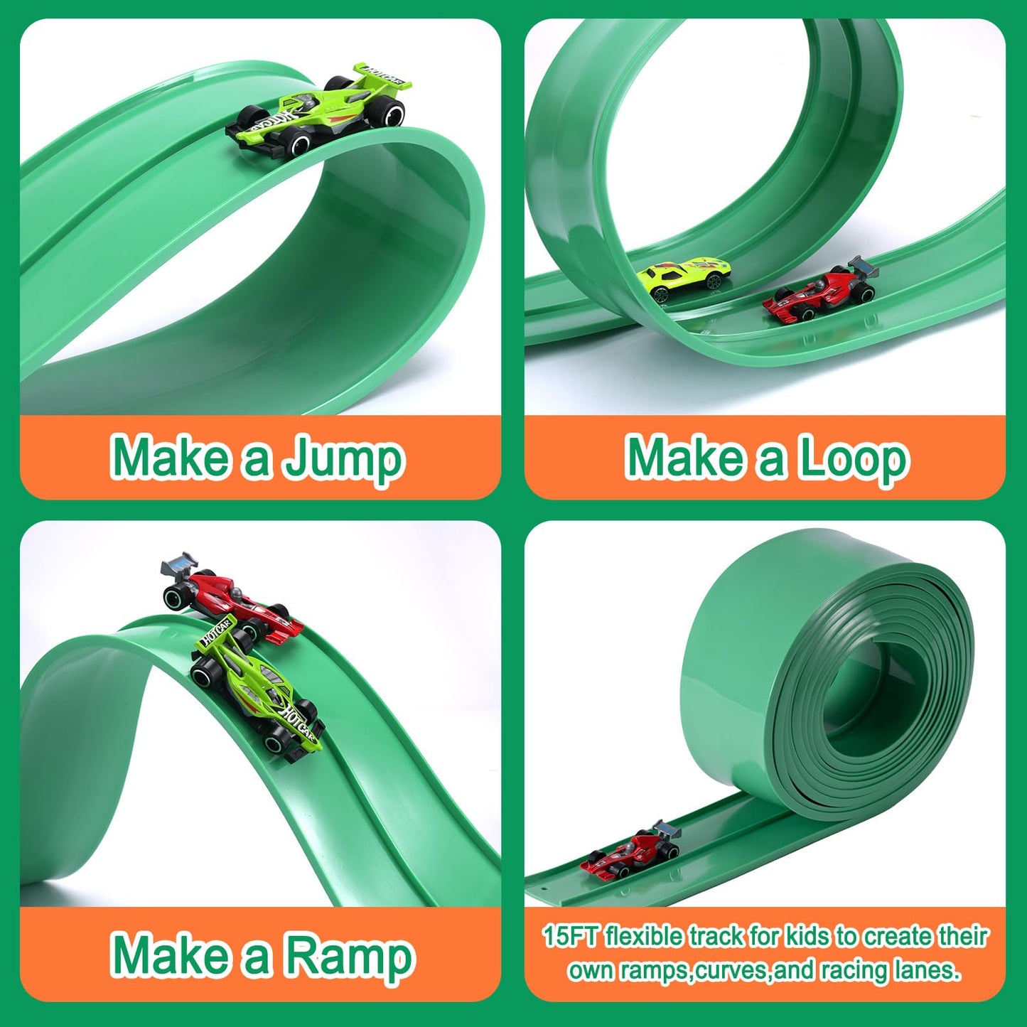 Flex Track Race Cars for Kids, Rubber Have Extra-Long 15.75ft is Customizable Race Track, with 4 Racing Cars and 6 Suction Cups, Flexible Race Track Easy to Store for Outdoor Play (Green)