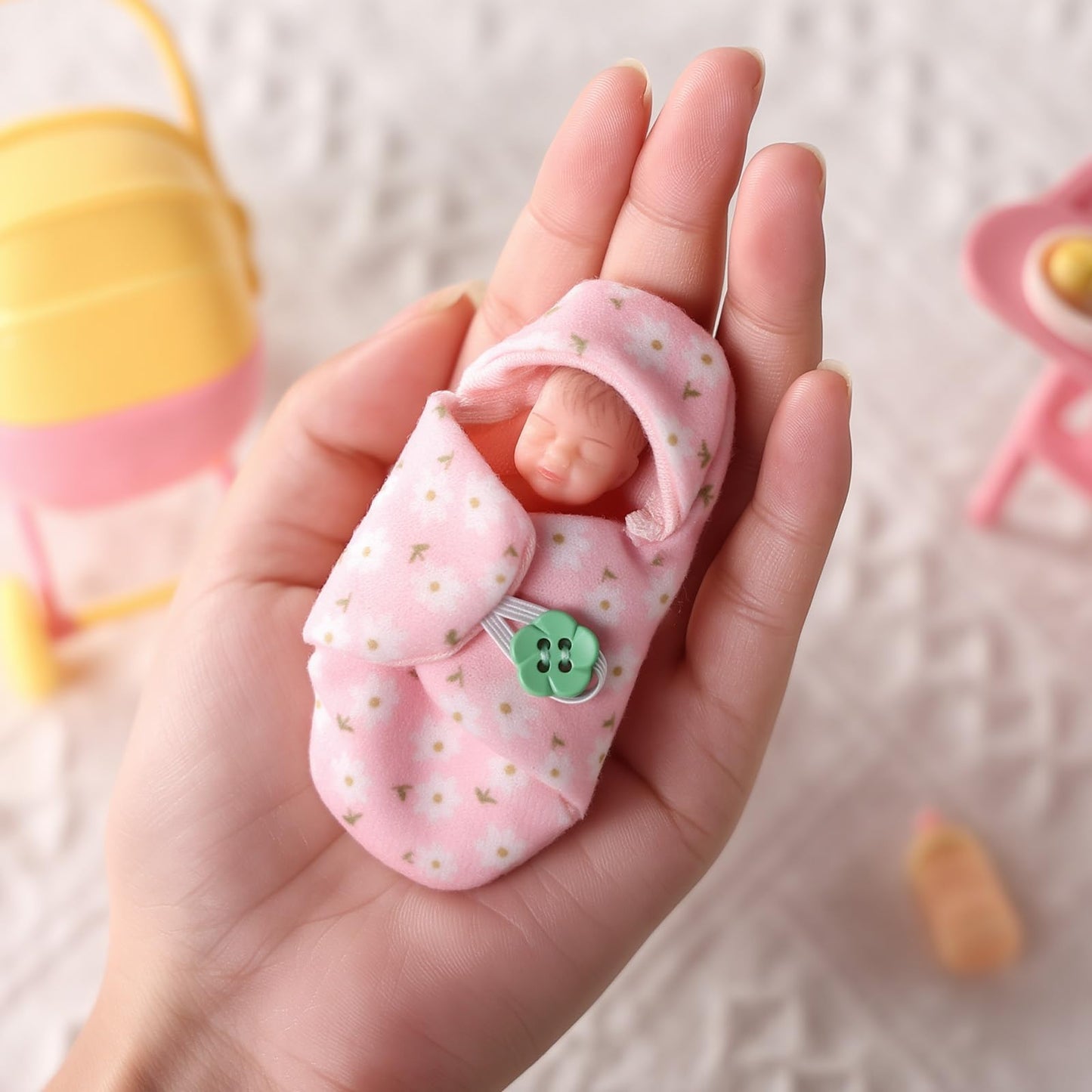 BABESIDE Mini Full Silicone Baby Doll Set – 4.5 Inch Realistic Sleeping Newborn Doll with Feeding Bottle, Stroller, High Chair & Gift Box, Soft Silicone Mini Reborn Baby Toy for Kids Age 3+