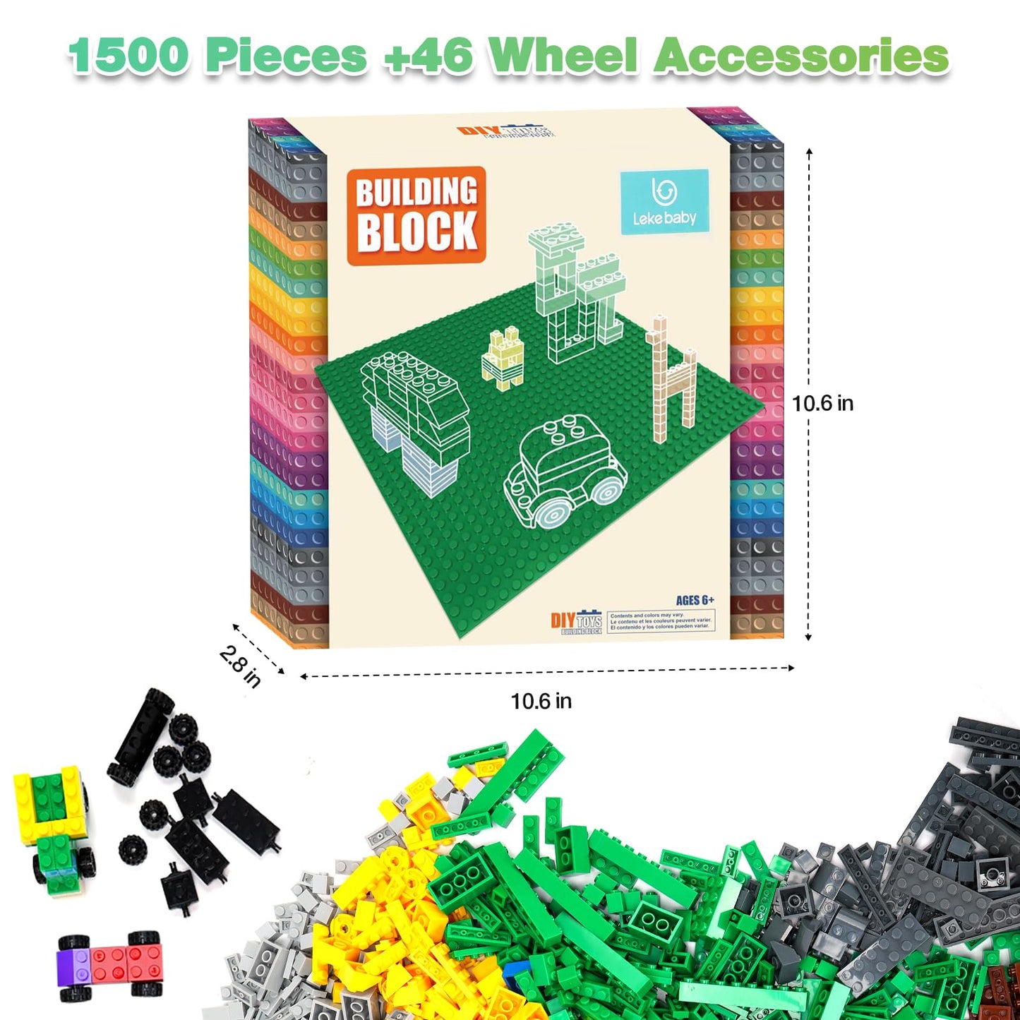 Lekebaby Classic 1546 Pieces Building Bricks with 46PCS Wheel Accessory Kit Basic Brick Set for Kids Creative Play, Compatible with All Major Brands, Educational Toy for Boys Girls 6 Years Old and Up