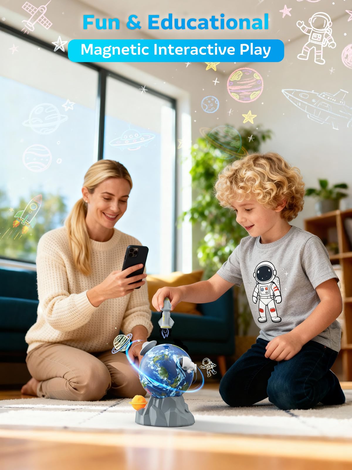 Magnetic Rotating Space Toy Musical Ball with Soft Ambient Light – 360° Spinning Rocket, Astronaut & Spacecraft Playset – Educational STEM Toy & Ideal Christmas or Birthday Gift for Kids Ages 3–10