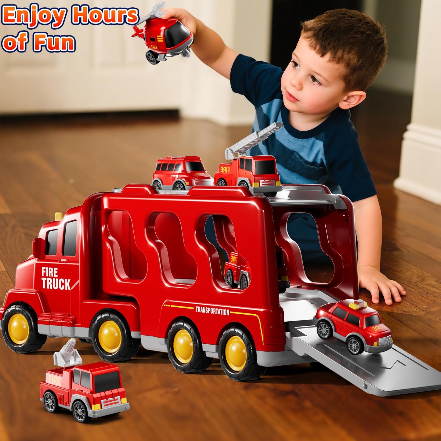 KIZONLY Fire Truck Toys for Toddler 1-3 3-5, 7-in-1 Fire Car Carrier Vehicle Set for Girls 1 2 3 4 5 6 Years Old, Transport Car with Light Sound, Birthdays Gifts for Kids Girls Aged 3-9
