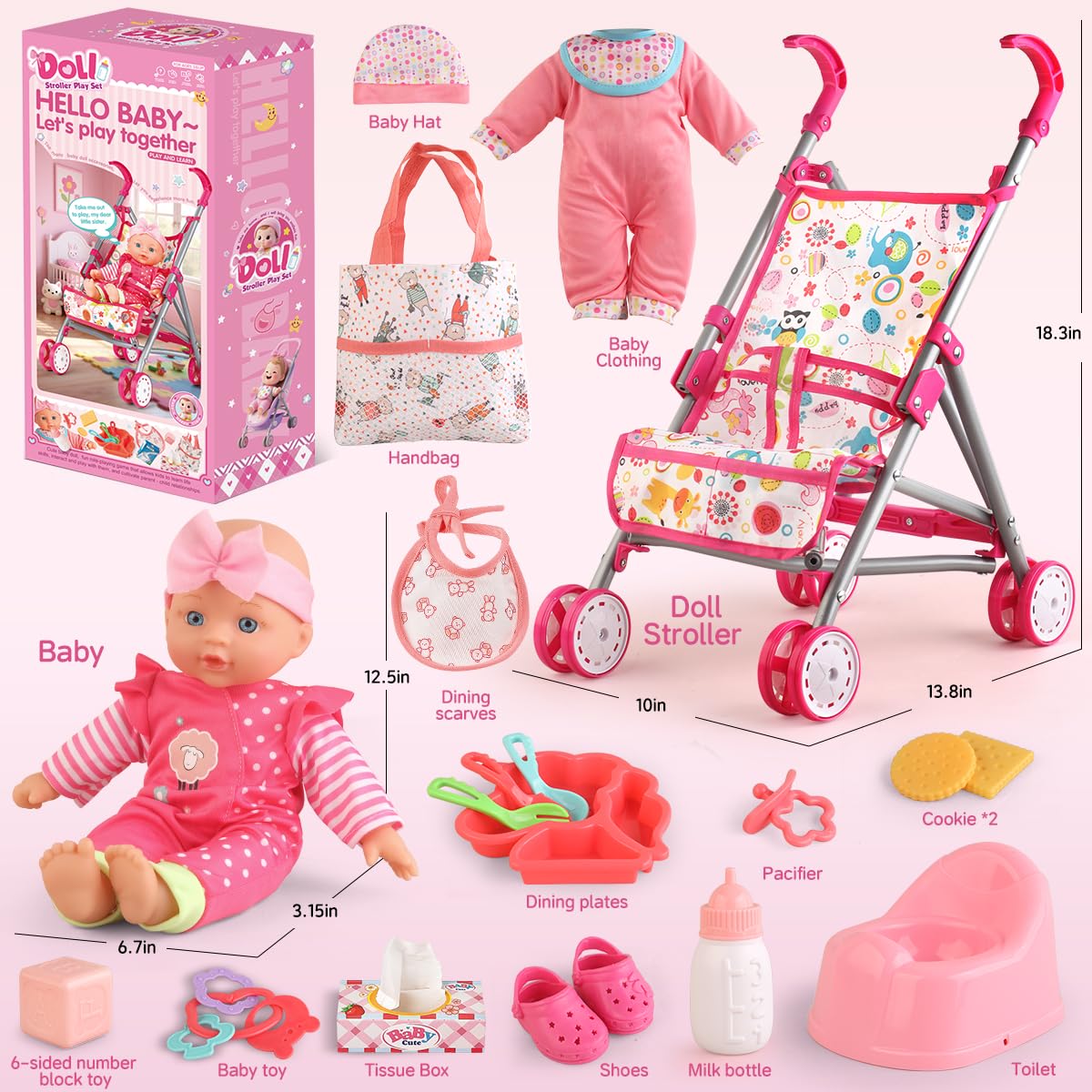 YIYBM Baby Doll with Stroller Set with 12.5" Baby Dolls, Handbag, 2 Sets Doll Clothes and 16 PCS Doll Accessories. Baby Stroller Toys for Toddler Girls Kids Ages 3-5 4-6 for Pretend Play.