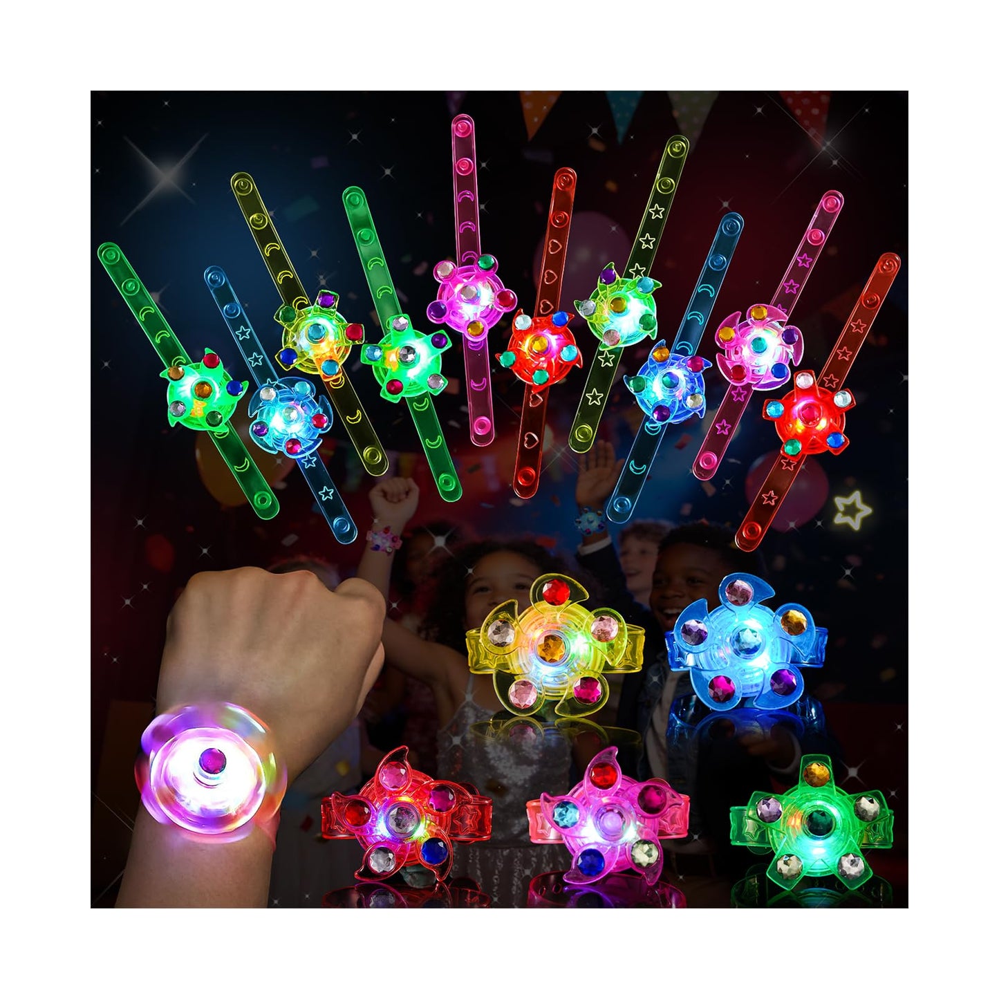 SCIONE 24 Pack LED Light Up Fidget Spinner Bracelets, Glow in The Dark Party Favors for Kids 4-8 8-12, Treasure Box Toys, Birthday Gifts, Carnival Prizes, Goodie Bags Stuffers