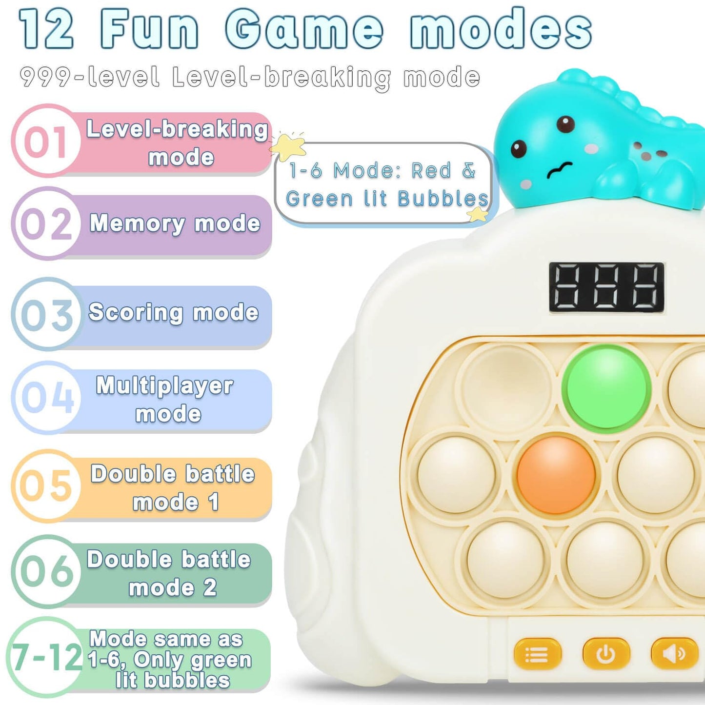 Quick Push Pop Game Fidget Toys, 12 Modes LED Screen Light Up Fast Push Bubble Game, Handheld Speed Pushing Game, Christmas Toys Gifts for 6 7 8 9 10 11 12 Years Old Kids Stocking Stuffers（Dinosaur）