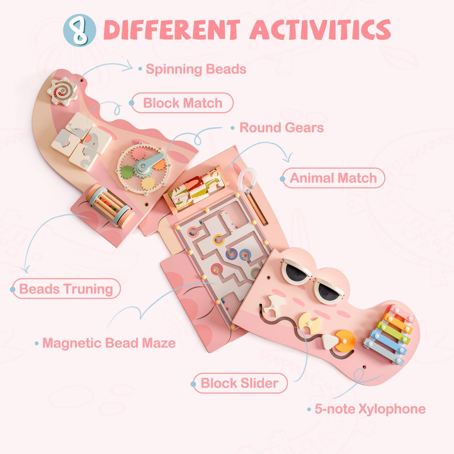 ROBOTIME Crocodile Busy Board Wall Panels for Toddlers, Pink Montessori Sensory Activity Board, Montessori Sensory Wall-Mounted Learning Center Toy for Kids Room, Educational Toys for Boys & Girls
