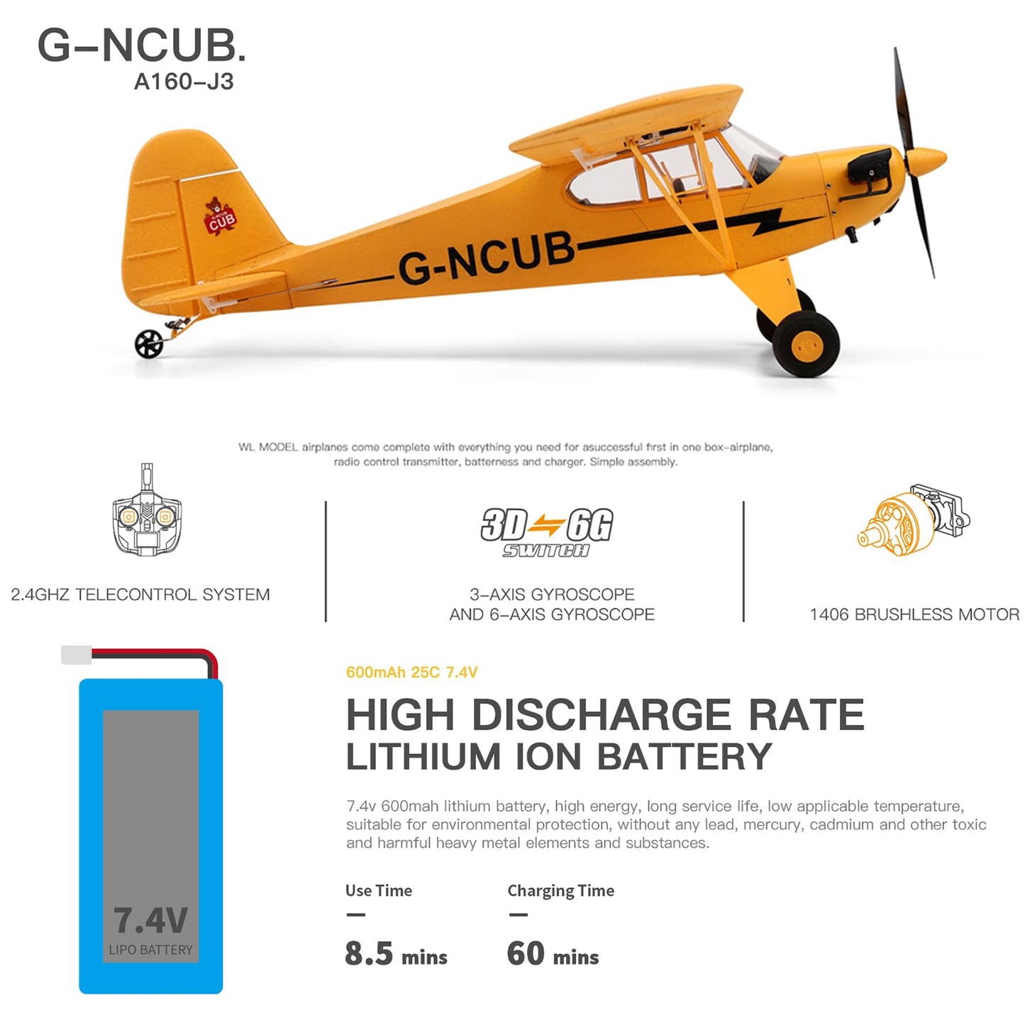 Ssccgym Large Brushless Remote Control Plane XK A160 RC Aircraft Glider J3 6-Axis Gyroscope 5-Channel 3D Stunt Somersault Flight 6 AXIS Gyro 2Batteries for Hobbies Expert 14Y+
