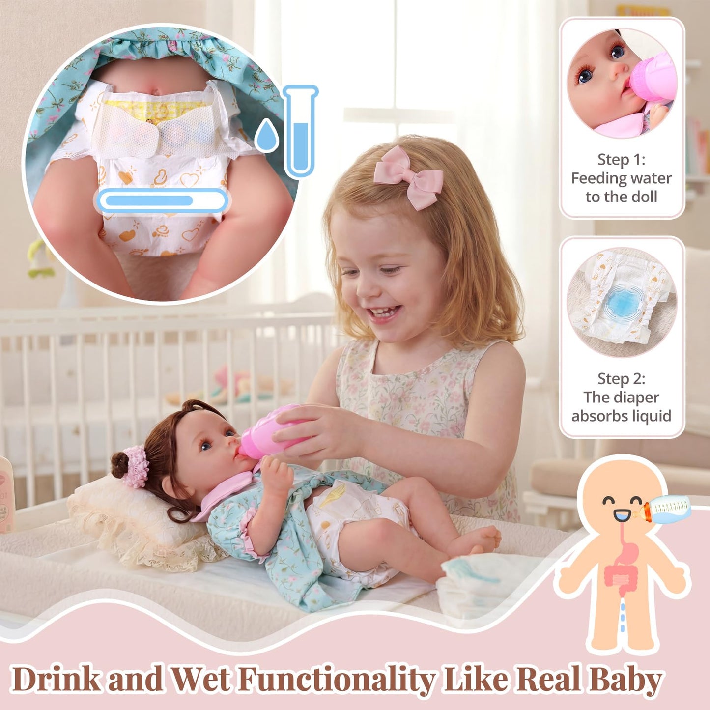 BABESIDE Drink and Wet Reborn Baby Dolls Girl, 20 Inch Lifelike Handmade Soft Vinyl Realistic Doll Can Drink & Pee with Accessories, Gift for Girls Age 3+ Pretend Play & Collection