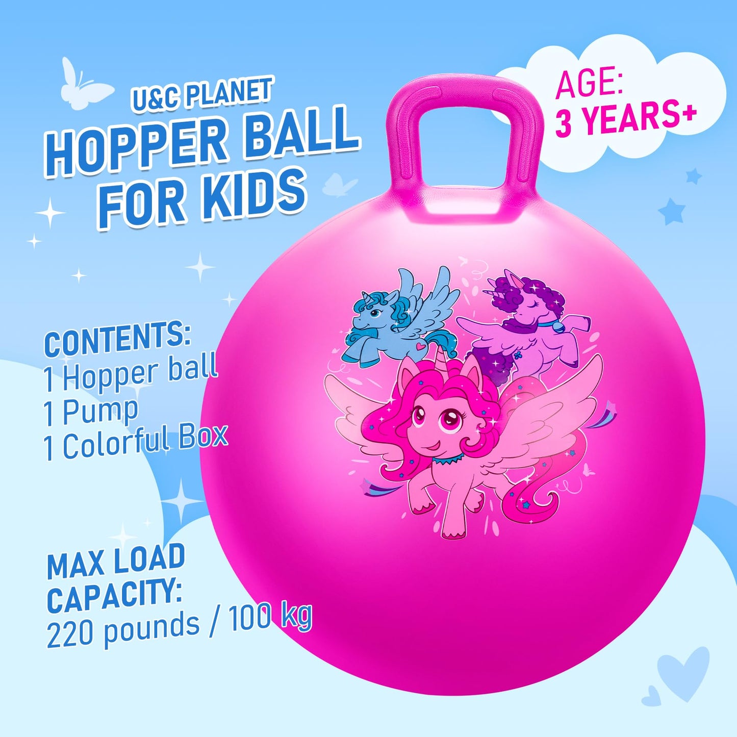 U&C Planet Hopper Ball, 18 inches Bouncy Ball with Handle for Kids Age 3-6, Hoppity Hop Sit and Bounce Jumping Hopping Toys with Pump & Gift Box, Great Gift for Boys Girls, Pink Unicorn