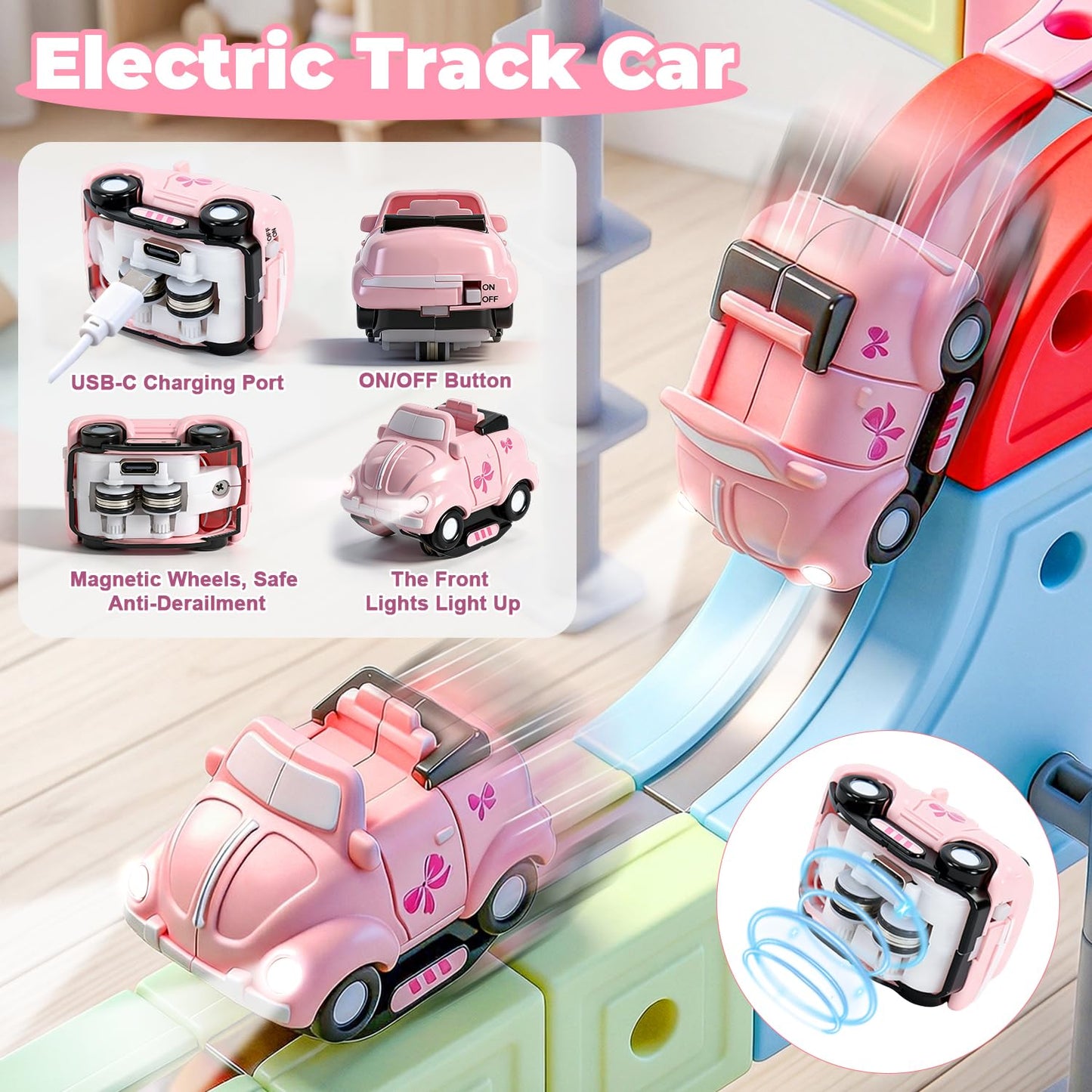 WUPIOS Electric Train Set, 3D Flexible Race Track 180 PCS Car Track with Light Gravity Defying Train Track Magnetic Track Car Toys Stem Learning Toy Girls Birthday Gift Cube Track