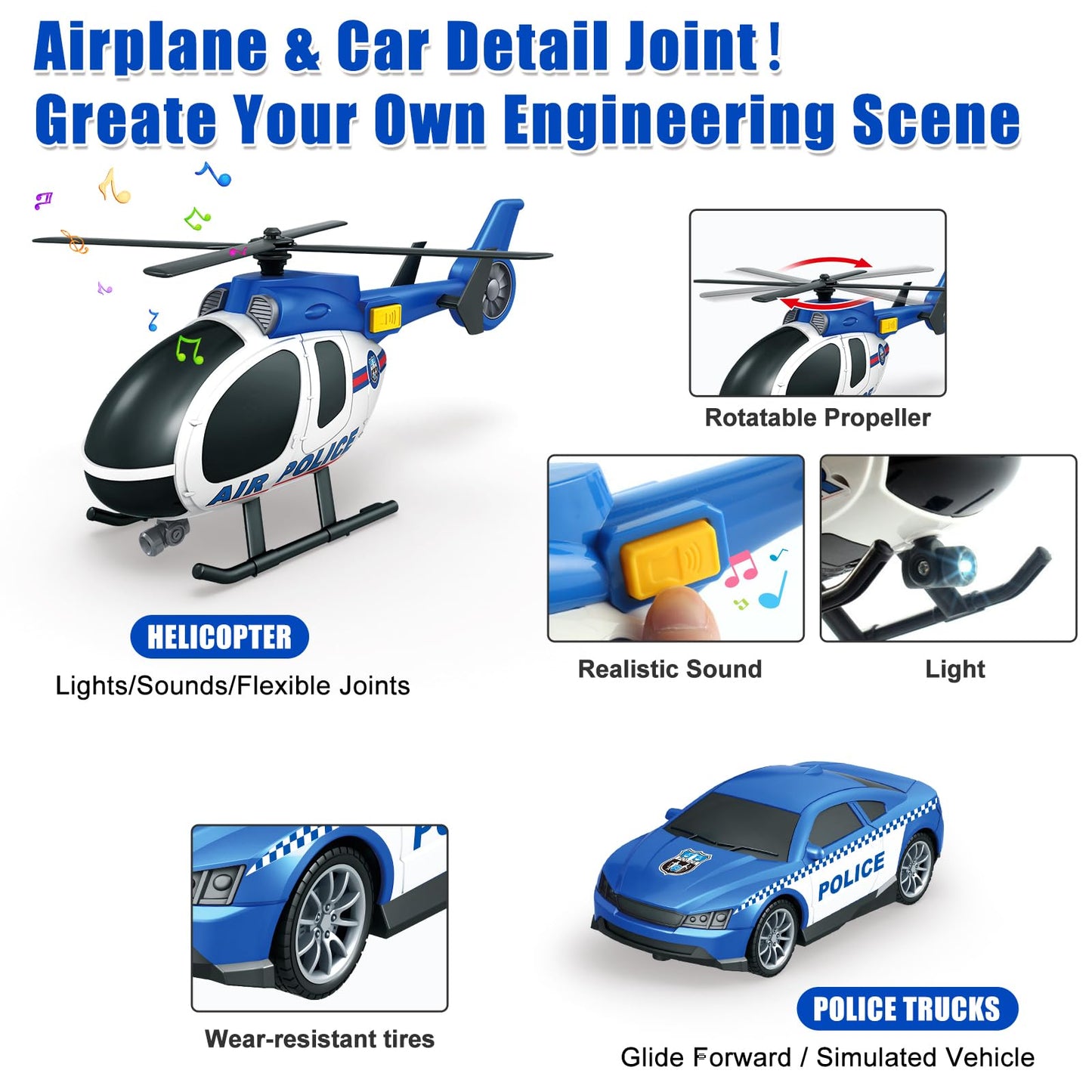 Yiwsnust Police Truck Toy 25.6" Large Semi Truck with Racing Car and Helicopter, Kids Police Car Toys with Light & Sound, Play Vehicles Cars Toys Birthday Gift for Toddler Boys Age 3 4 5 6
