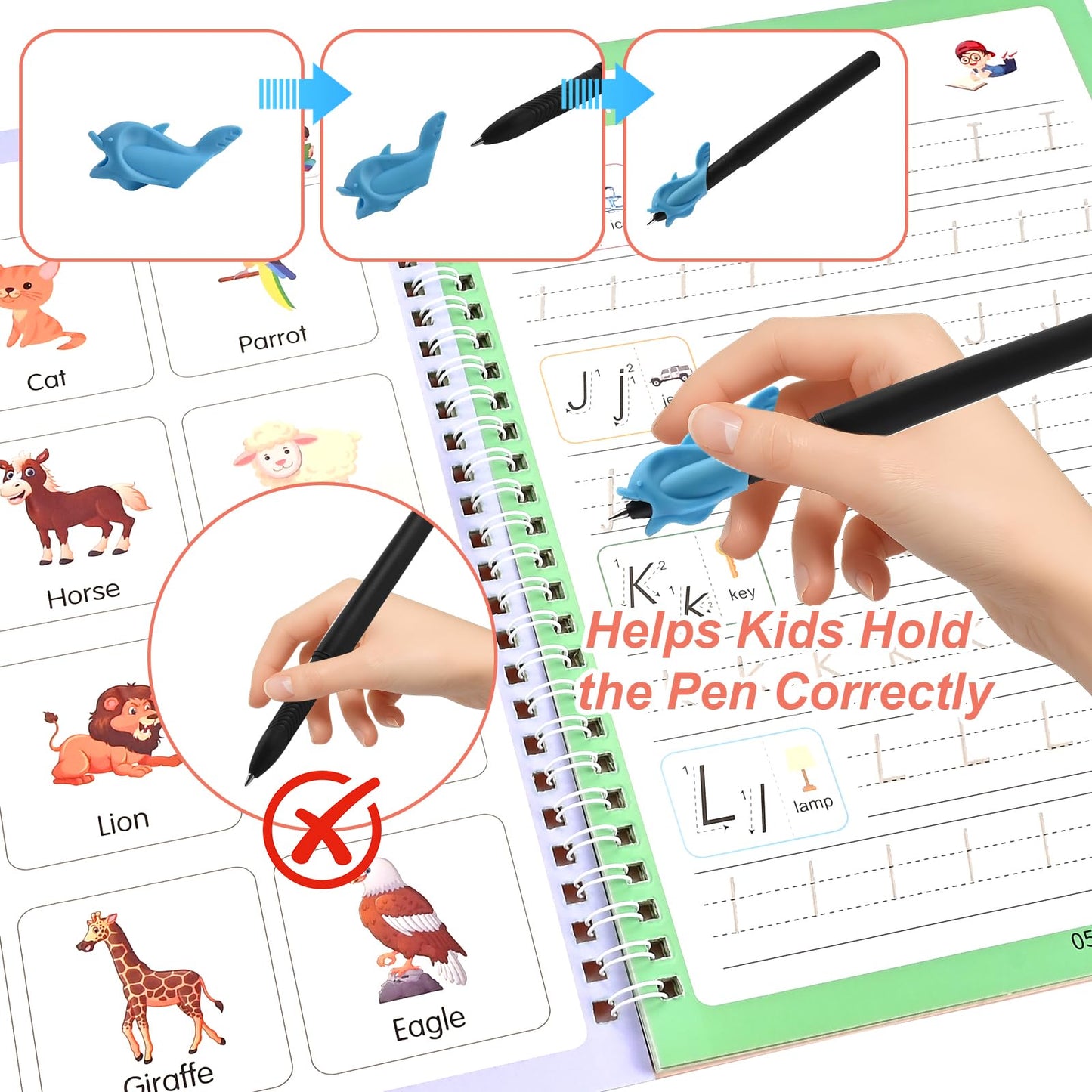 Grooved Handwriting Practice Books for Kids Ages 3–8, Reusable Tracing Workbooks with Deep Grooves – Letters, Numbers, Math, Drawing & Words – Disappearing Ink Pens, Pencil Grips & Storage Bag