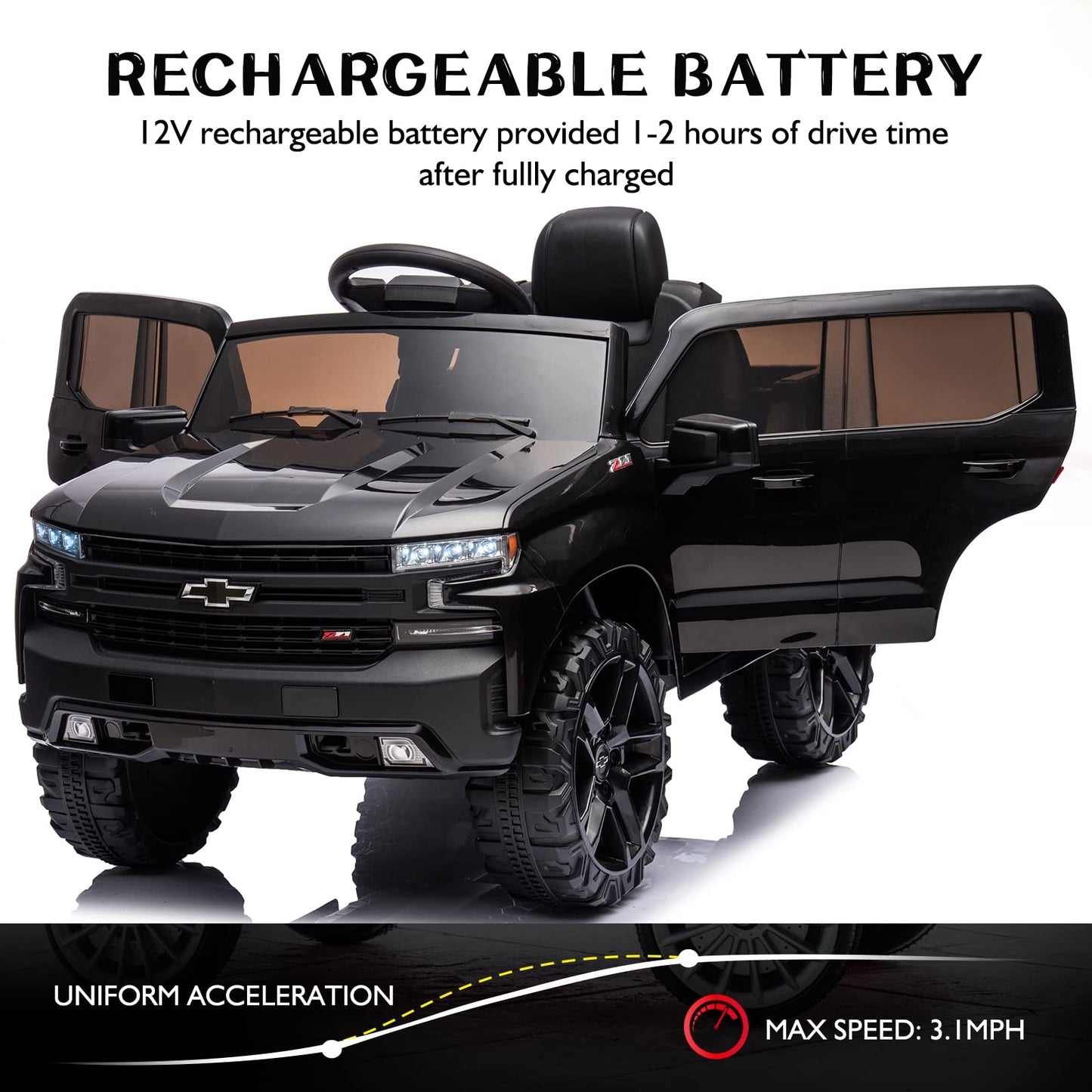 Bopilon 12V Electric Car for Kids,Licensed Chevy Silverado Truck Kids Ride On Car with Remote Control Battery Powered Electric Vehicle Toy Car, 4-Wheeler Suspension, Music& Lights, 3 Speeds(Black)