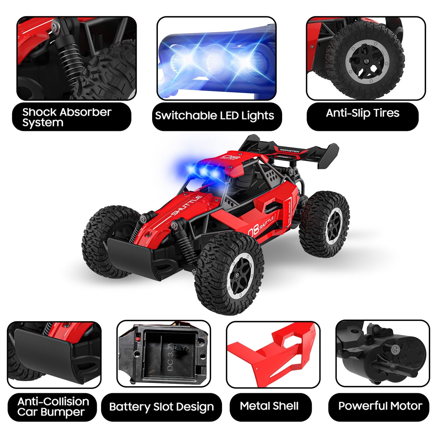Remote Control Car for Kids 3 4 5 6 7+, 20 KM/H High-Speed RC Cars with LED Lights, 2.4GHz 2WD Monster Truck Toys,Toy Cars for Girls Boys,Christmas & Birthday Gifts,Upgraded Anti-Collision Shaft–Red