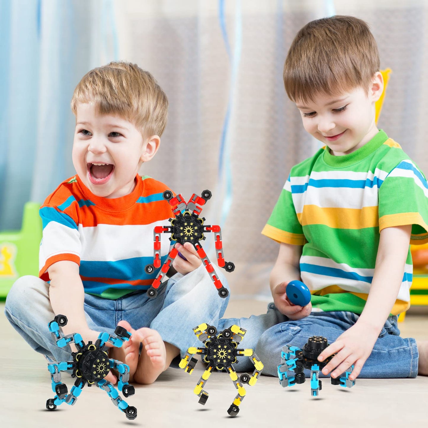 Junkin 100 Pcs Funny Sensory Fidget Toys Bulk, Transformable Fidget Spinner Chain Robot Finger Toy, Stress Relief Spiral Gyro Spinner, Classroom Prizes, Party Favors Gifts for Adult Kids (Classic)