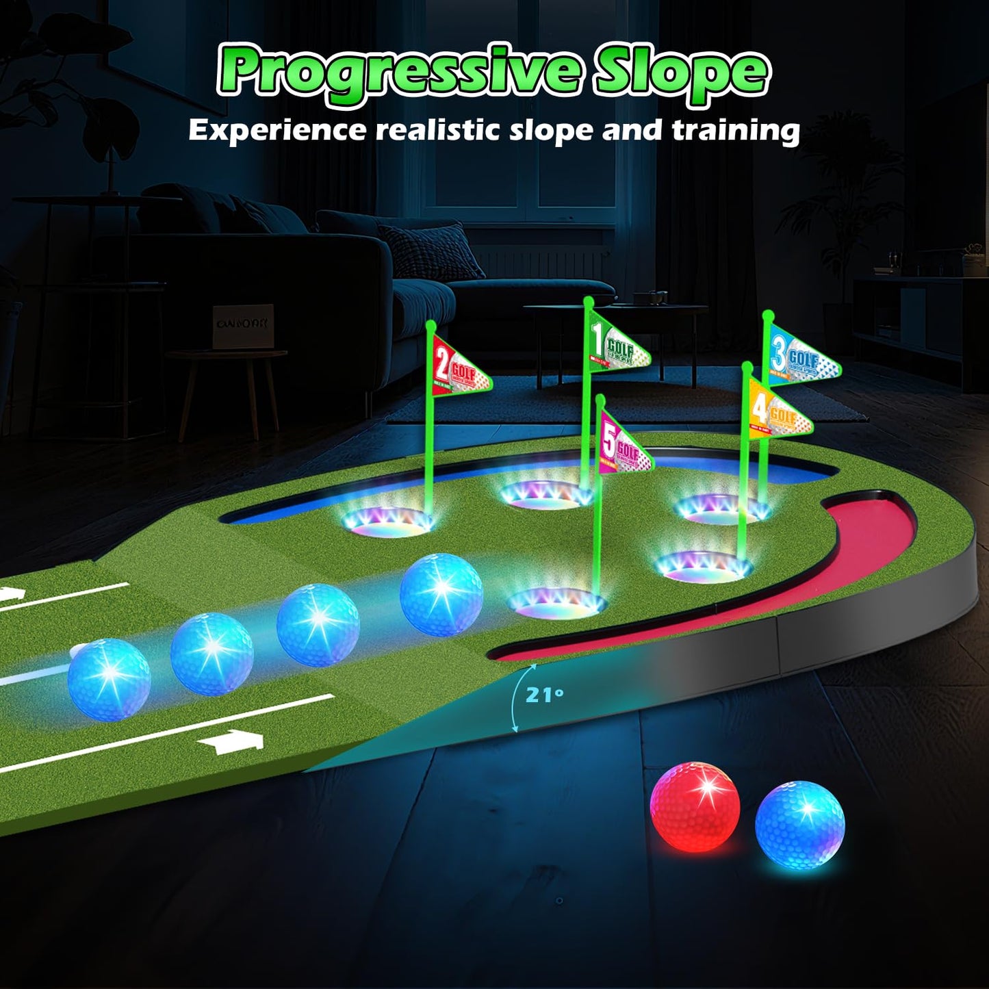 TERRAMUS Upgraded Golf Putting Mat for Kids, Putting Green with LED Light up Holes, Glowing Balls, 2 Clubs, Toy Golf Set, Golfing Mats Indoor Outdoor, Sport Game Golf Gift for for Kids Teens Family