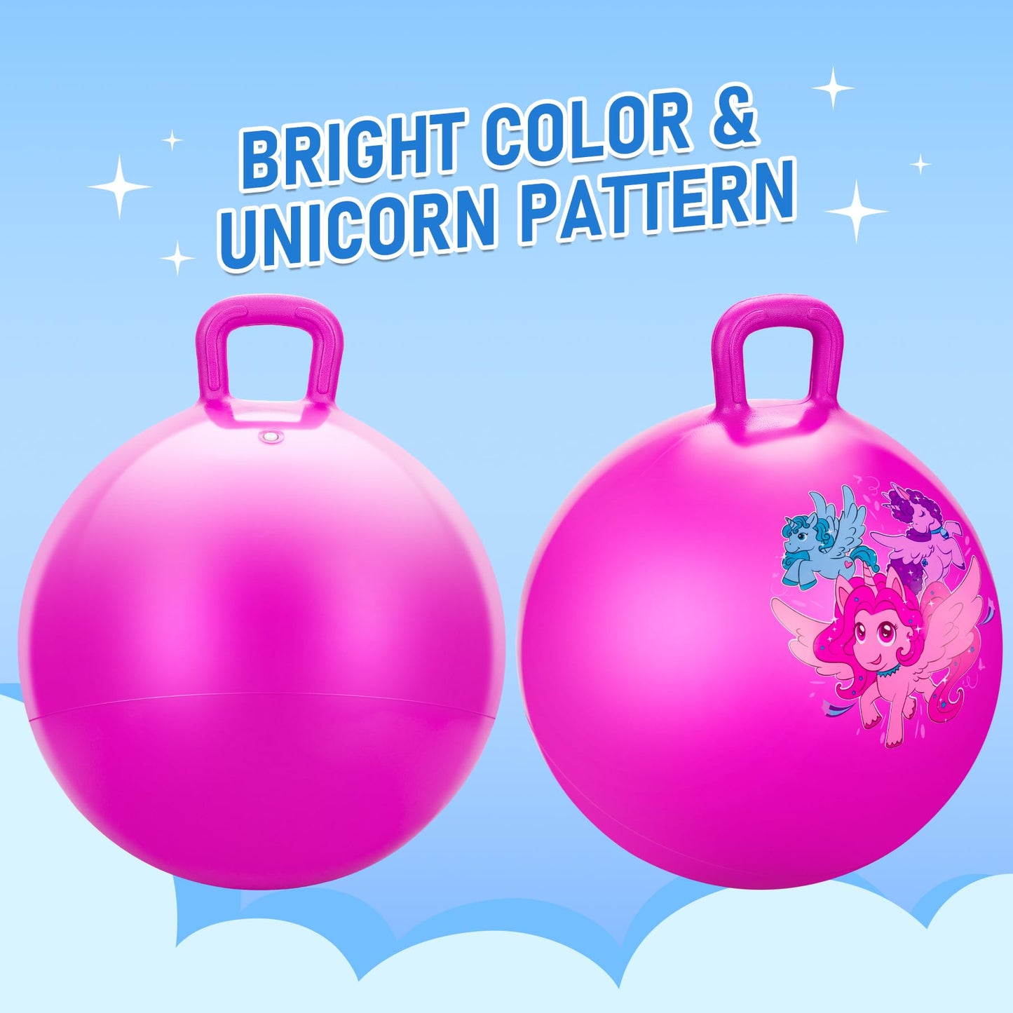 U&C Planet Hopper Ball, 18 inches Bouncy Ball with Handle for Kids Age 3-6, Hoppity Hop Sit and Bounce Jumping Hopping Toys with Pump & Gift Box, Great Gift for Boys Girls, Pink Unicorn
