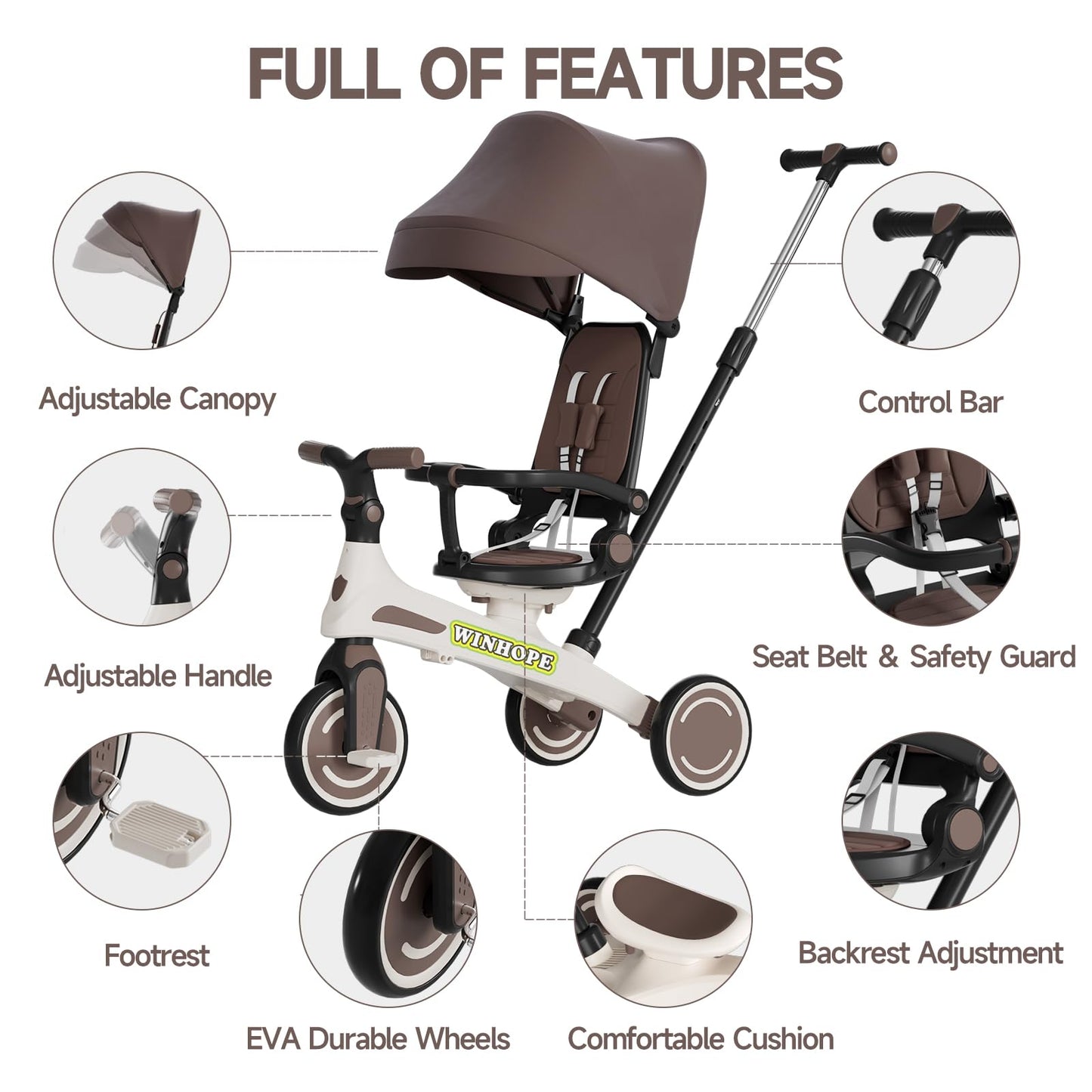 Winhope Kids Tricycle, 6 in 1 Baby's Tricycle Toddler Trike with Adjustable Push Handle, Reversible Seat and Canopy, Baby Stroller for 1-6 Year Olds, Suitable for Outdoor Activities(Coffee)