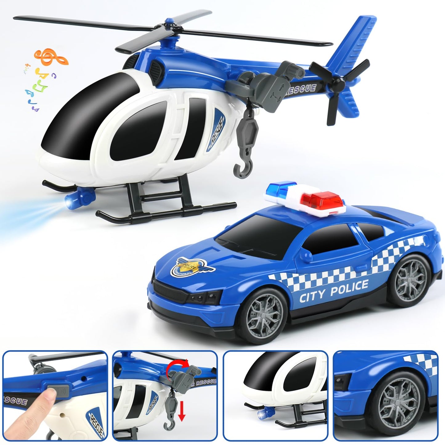 Dwi Dowellin 27" Large Friction Powered Police Truck Toy with Car and Helicopter,Semi Truck Toys for 3 4 5 6 Years Old Toddlers Kids Boys & Girls Gift
