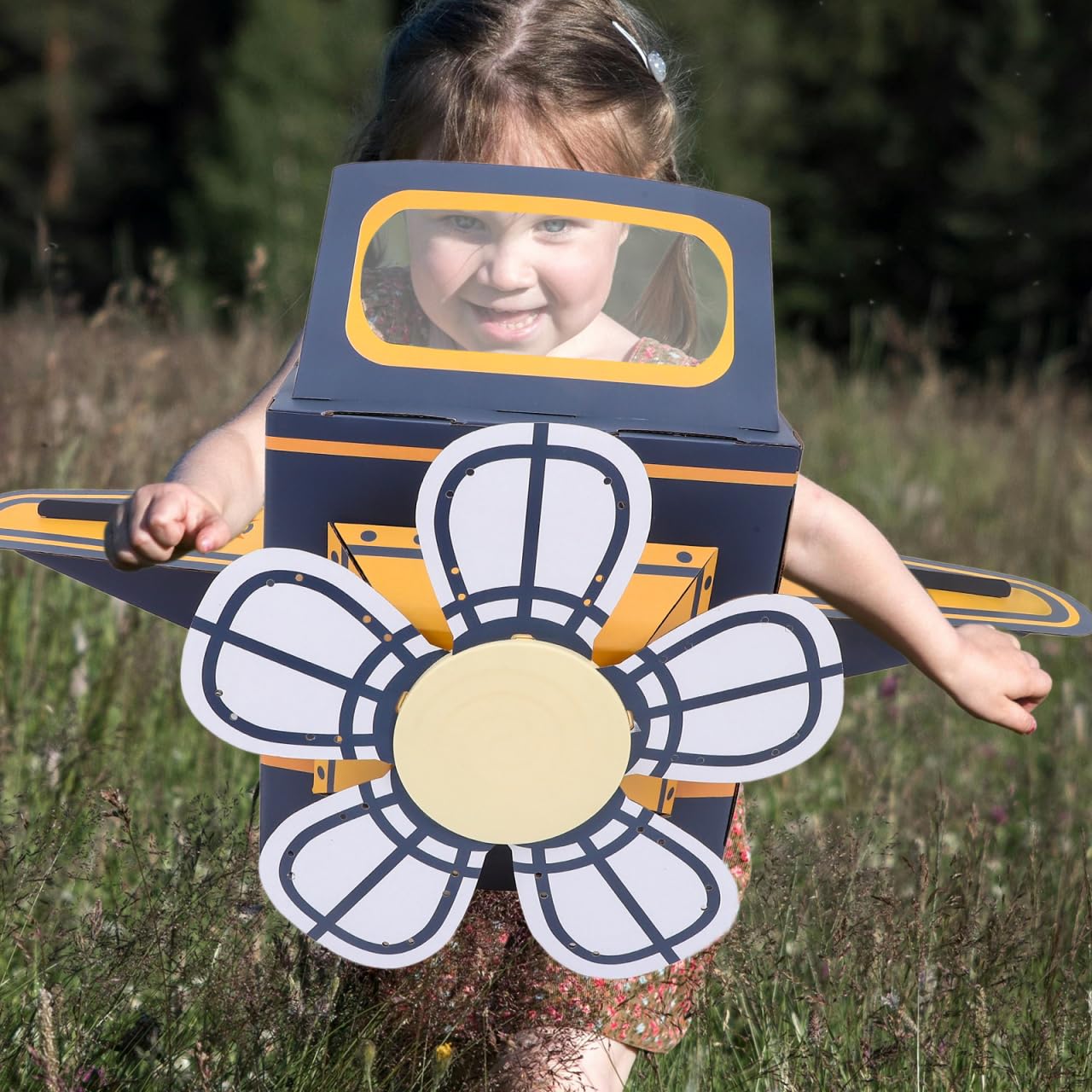 SAFIGLE Children Wearable Cardboard Plane: Airplane Costume for Kids DIY Paper Aircraft with Rotating Fan - Cardboard Car Fun Outdoor Play and Learning Experience Flying Airplanes for Kids Blue
