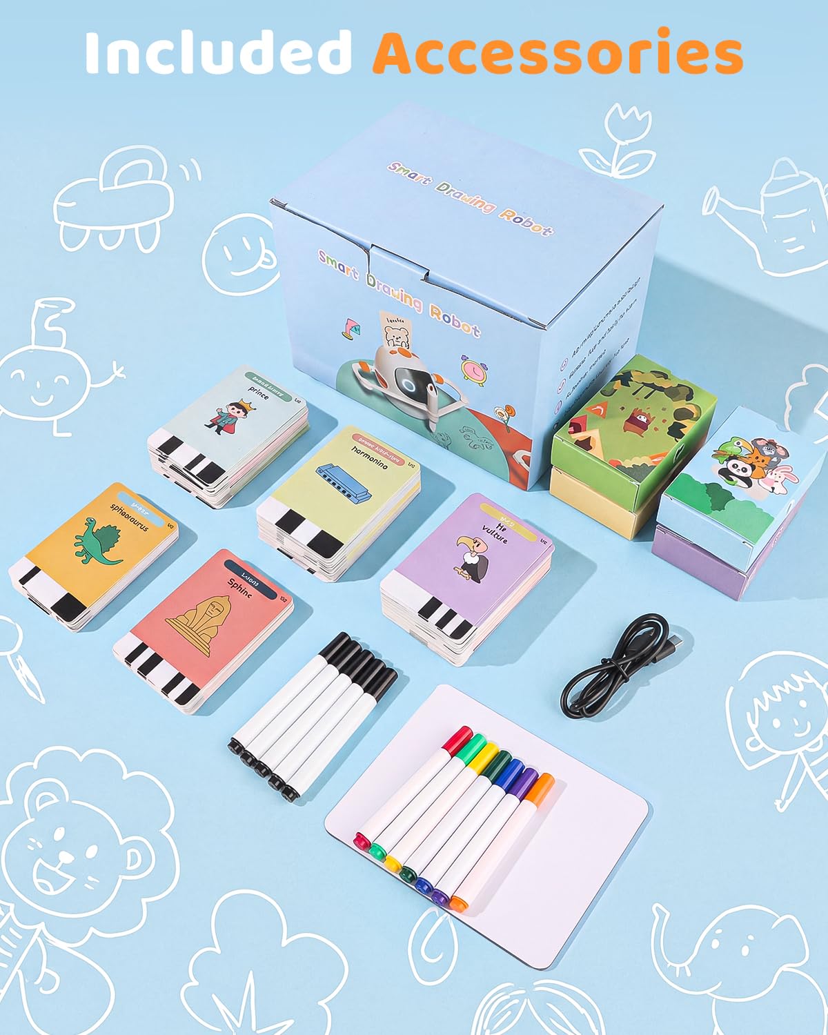 Drawing Robot for Kids Ages 3-8, Rechargeable Interactive Educational Drawing Machine with 200+ Cards & 12 Pens, Montessori Painting Learning Toy, Birthday for Boys & Girls