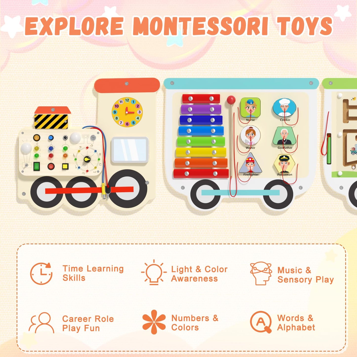 Spacocld Montessori Sensory Board - Electric Train Wooden Wall Busy Board, Toddler Learning Panel Wall-Mounted, Educational Toys for 3-6 Years, Interactive Playroom Activity Gifts for Kid