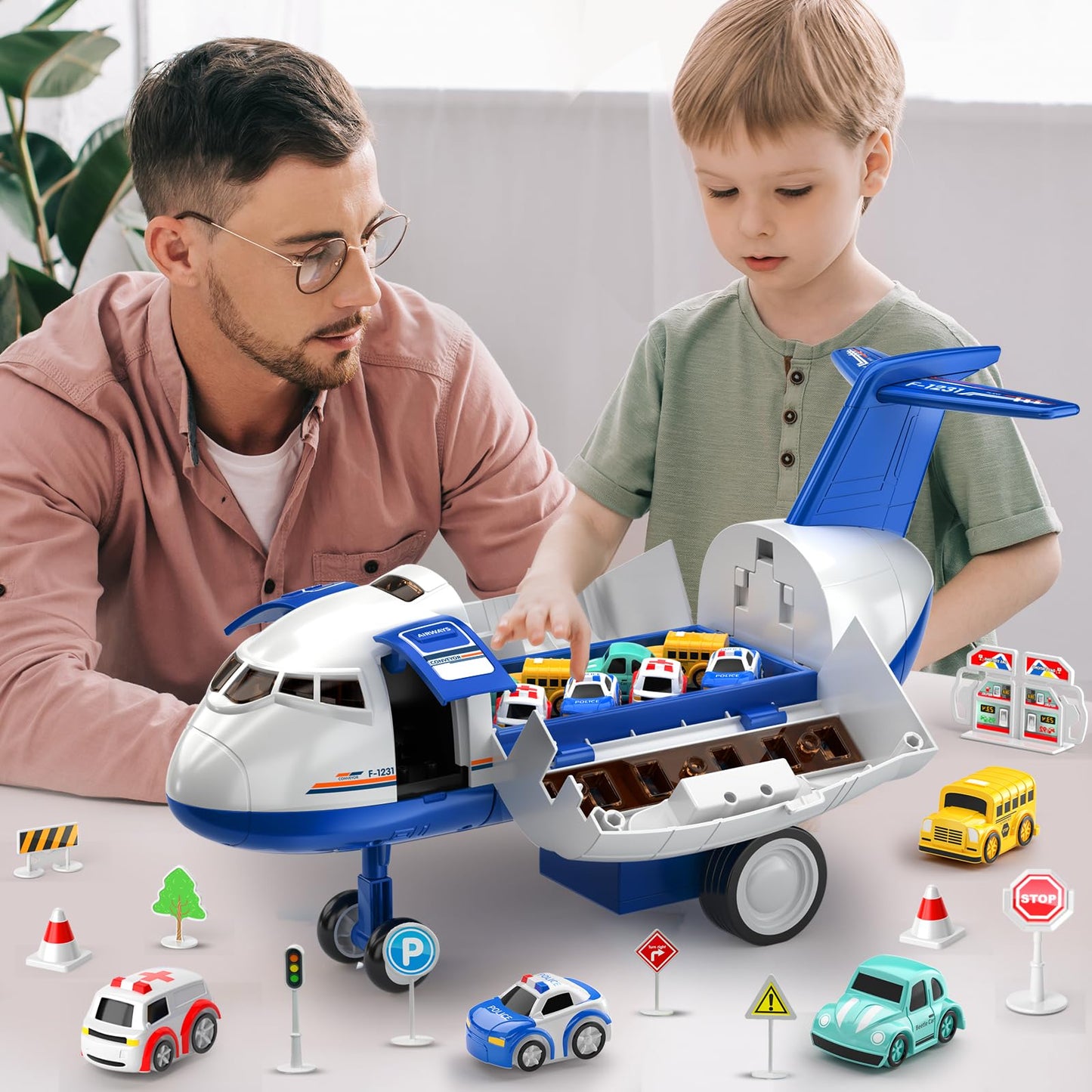 MSKOLER Airplane Toys for Toddlers 2-4 - Boy Toy Car Race Tracks for Kids Ages 3-5 with 8 Small Car Toys, Toddlers Educational Toy, Birthday Gifts for Boys 3-5