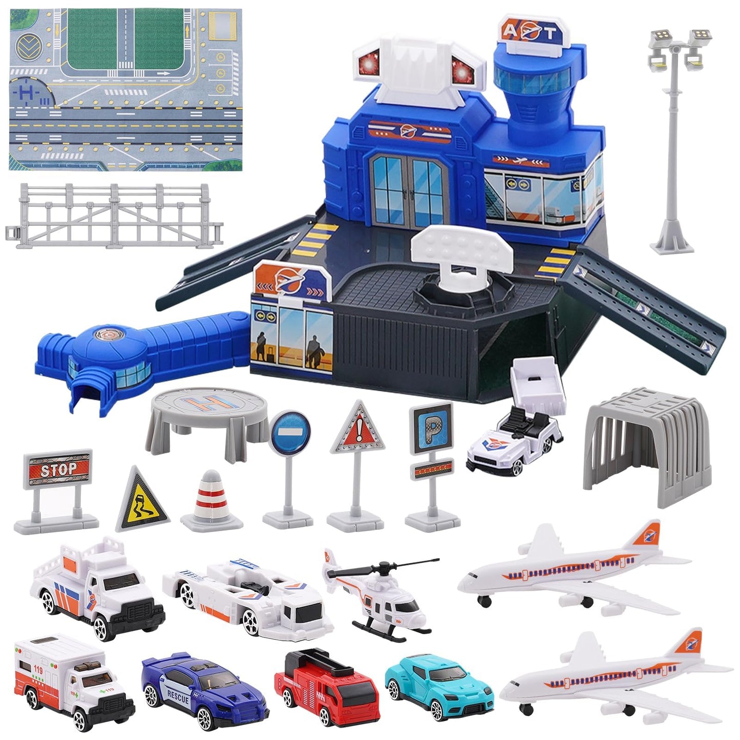 Airplane Toy Set with Trucks, Helicopter, Planes, Signs and Airport Playmat, Interactive Early Learning Toys Great Military Toys Gift for 3 4 5 6 Kids Boys Girls