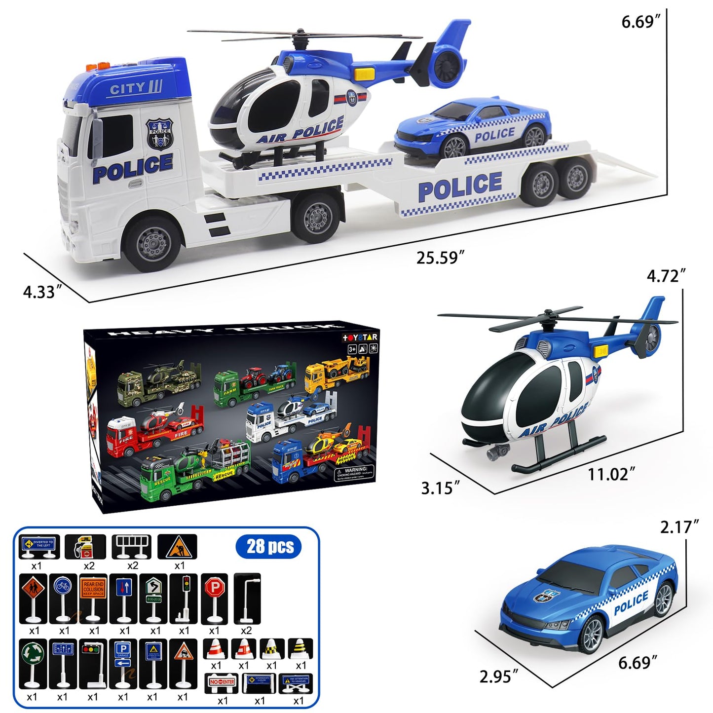 Yiwsnust Police Truck Toy 25.6" Large Semi Truck with Racing Car and Helicopter, Kids Police Car Toys with Light & Sound, Play Vehicles Cars Toys Birthday Gift for Toddler Boys Age 3 4 5 6