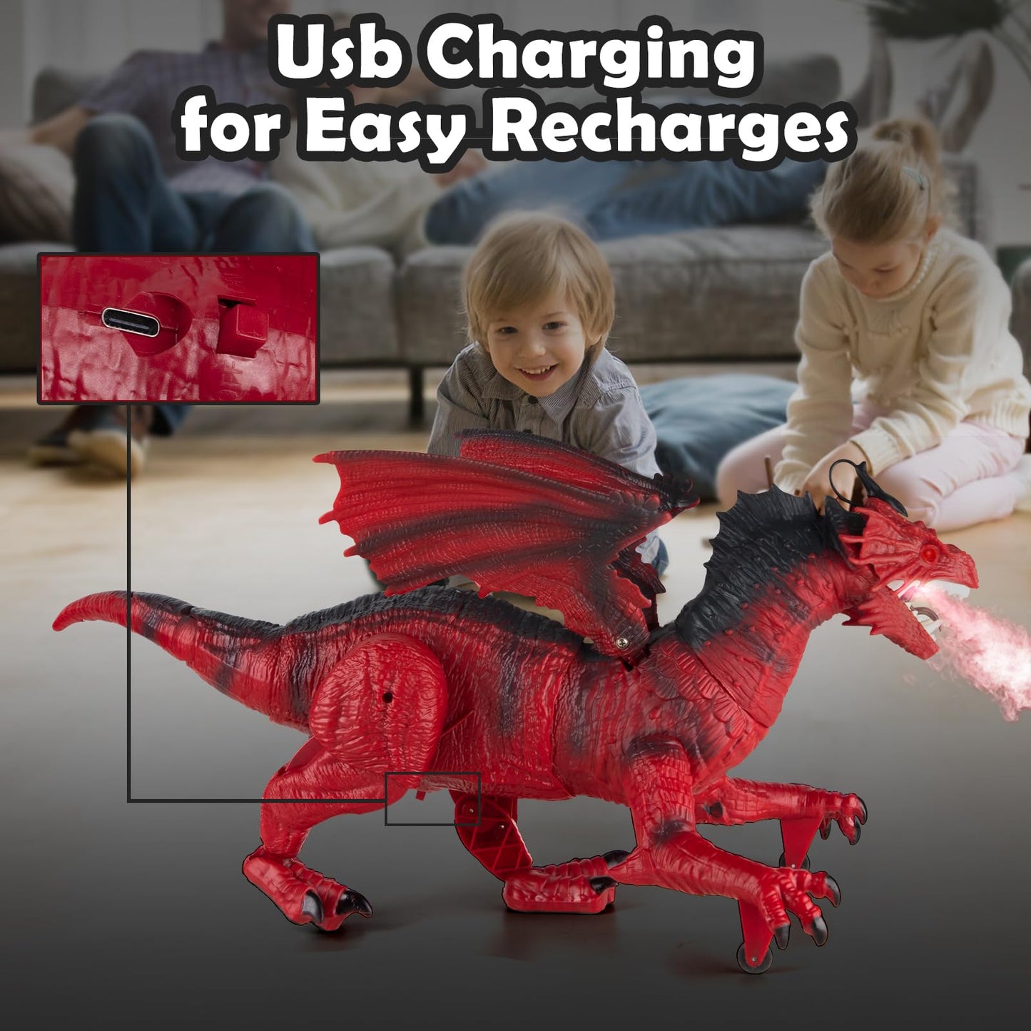 Remote Control Dragon Toy for Kids with 360° Swaying Head, Roaring, Spraying & Light Up- Remote Control Robot Toys for Kids - Red