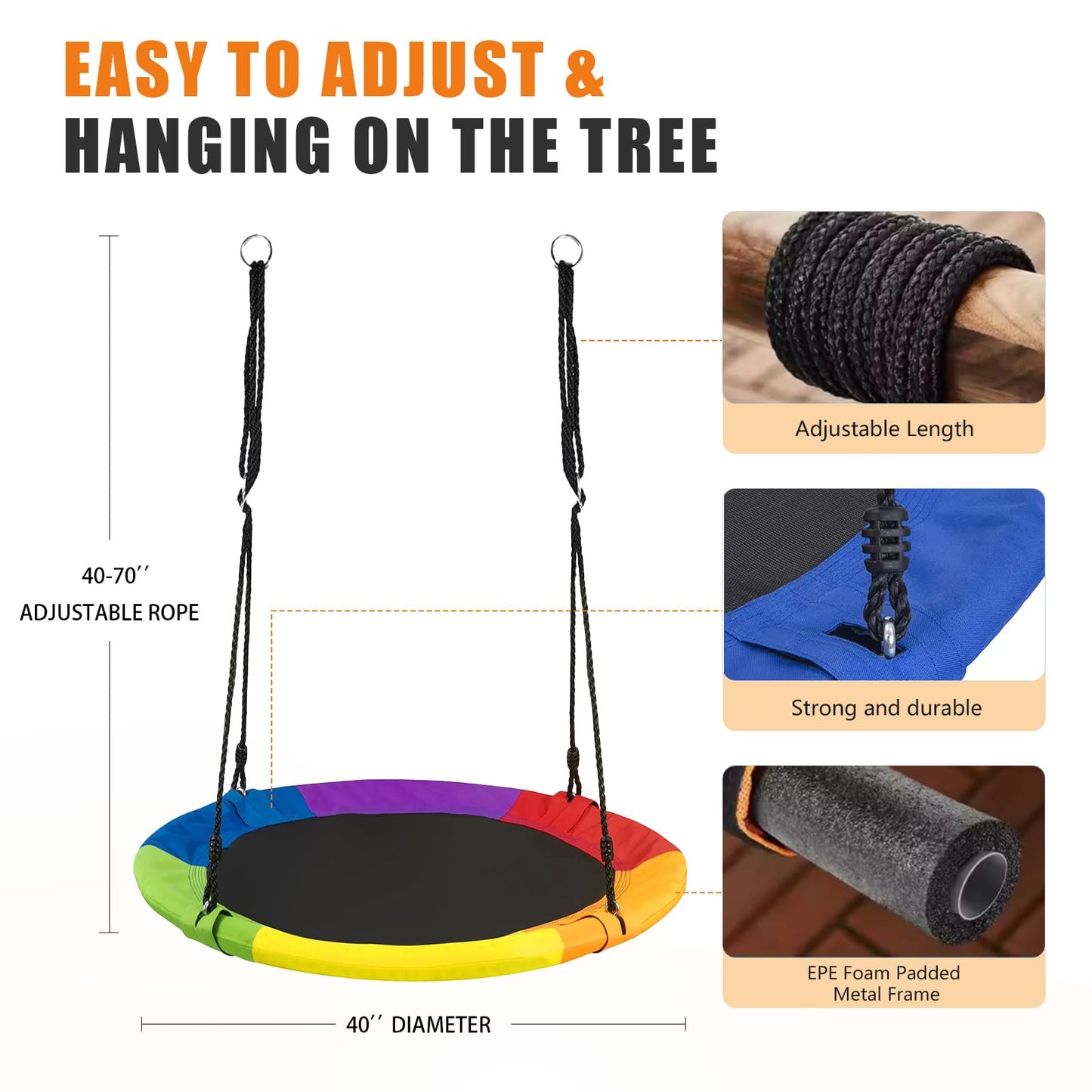 BRVJEMP 40 Inch Saucer Tree Swing for Kids Outdoor,Disc Round Swing with Waterproof Textilene Fabric,500Lb Weight Capacity,Kids Playground Outdoor Activity Backyard Fun (Multicolor)