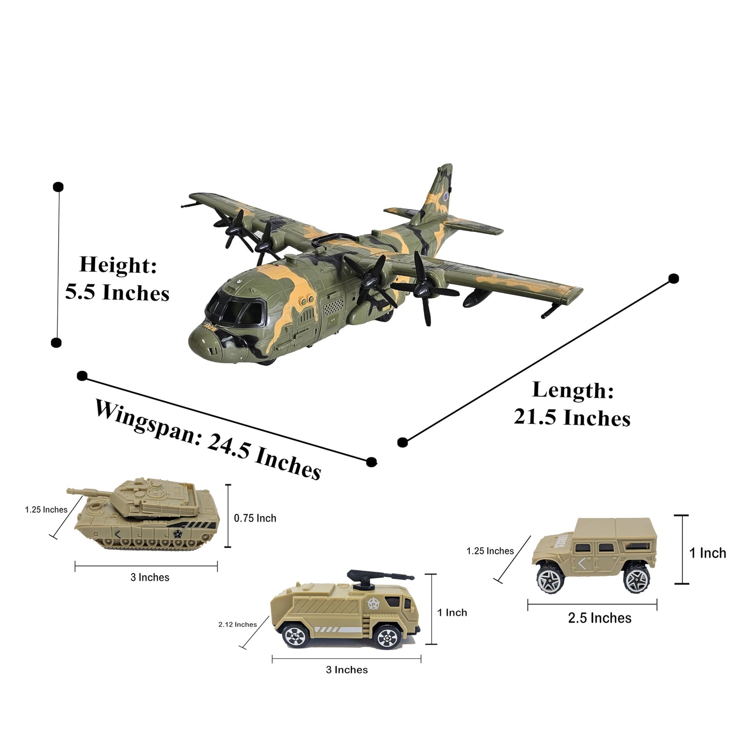 Toy Essentials Large Military 21-Inch Cargo Plane C130 Bomber Combat Air Force with Working Doors 20 Bombs and 12 Military Army Vehicles