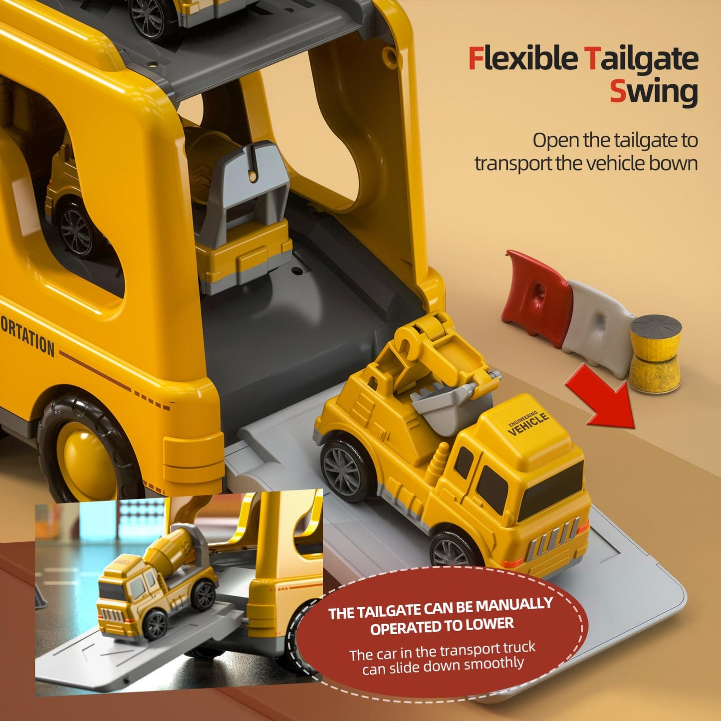 Beby Buty 5 in 1 Construction Trucks Cars Toys for Toddlers 3-5, Boy Toddler Car Truck Toys with Light Sound, Includes Crane, Mixer, Bulldozer & Excavator, Birthday Gifts Toys for 2 3 4 5 Year Boys