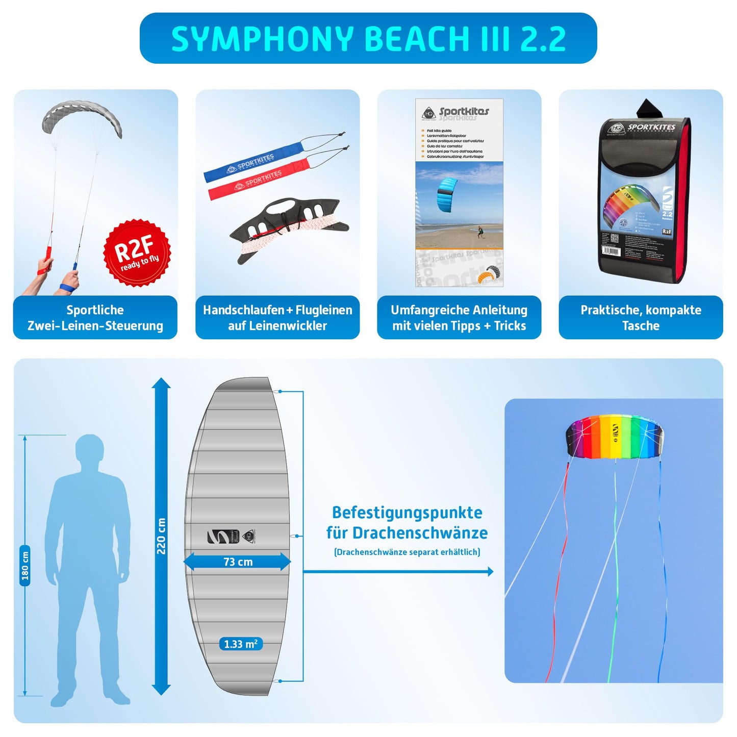 HQ Symphony Beach III 2.2 Stunt Kite, Aqua, Dual Line Foil Sport Kite