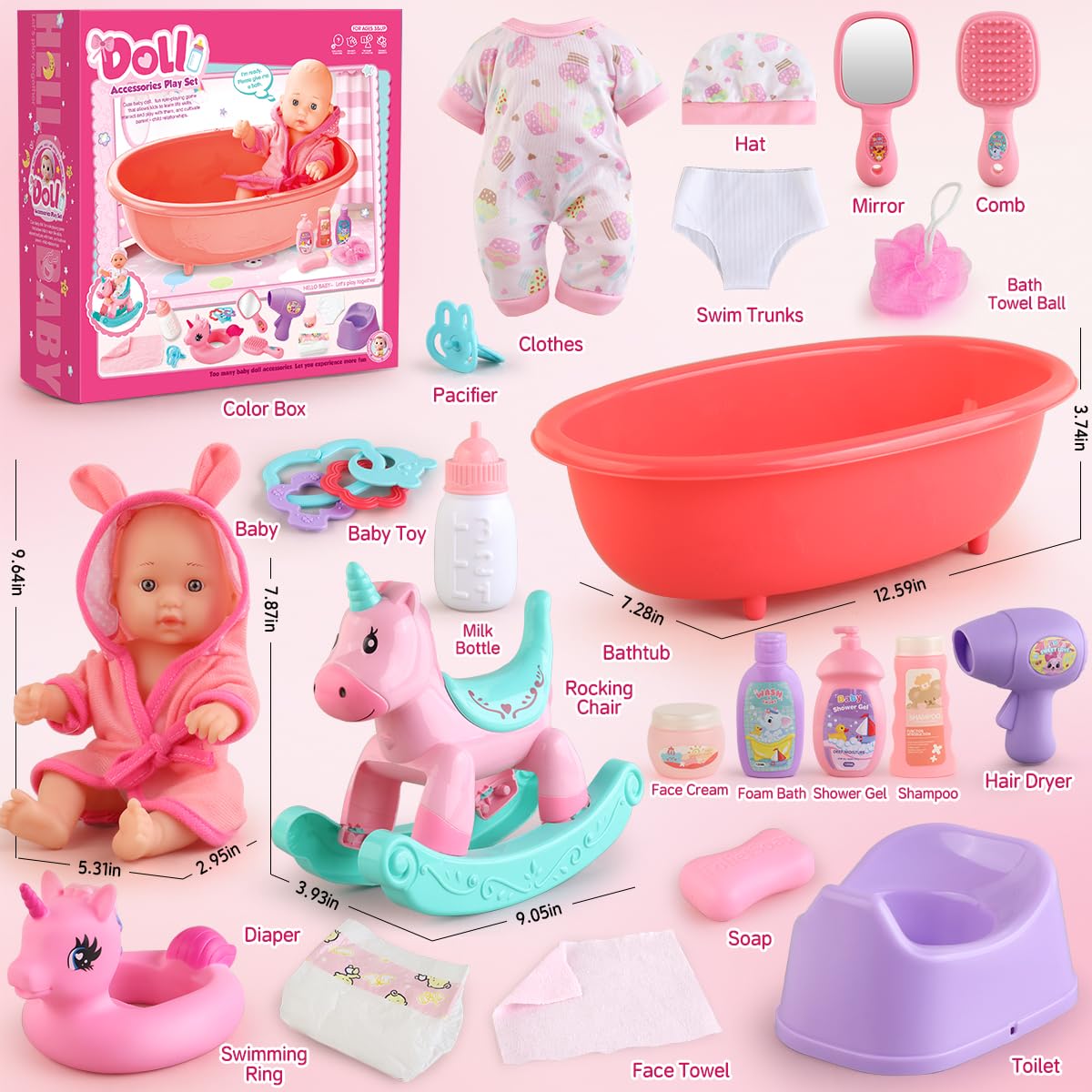 Baby Doll Bath Toys Set with Bathtub, 11" Baby Dolls, Rocking Chair,Swimming Ring, 2 Sets Baby Dolls Clothes and 15 PCS Doll Accessories.Perfect Pretend Play Toddler Toy Gift for Girls Aged 3 4 5 6.